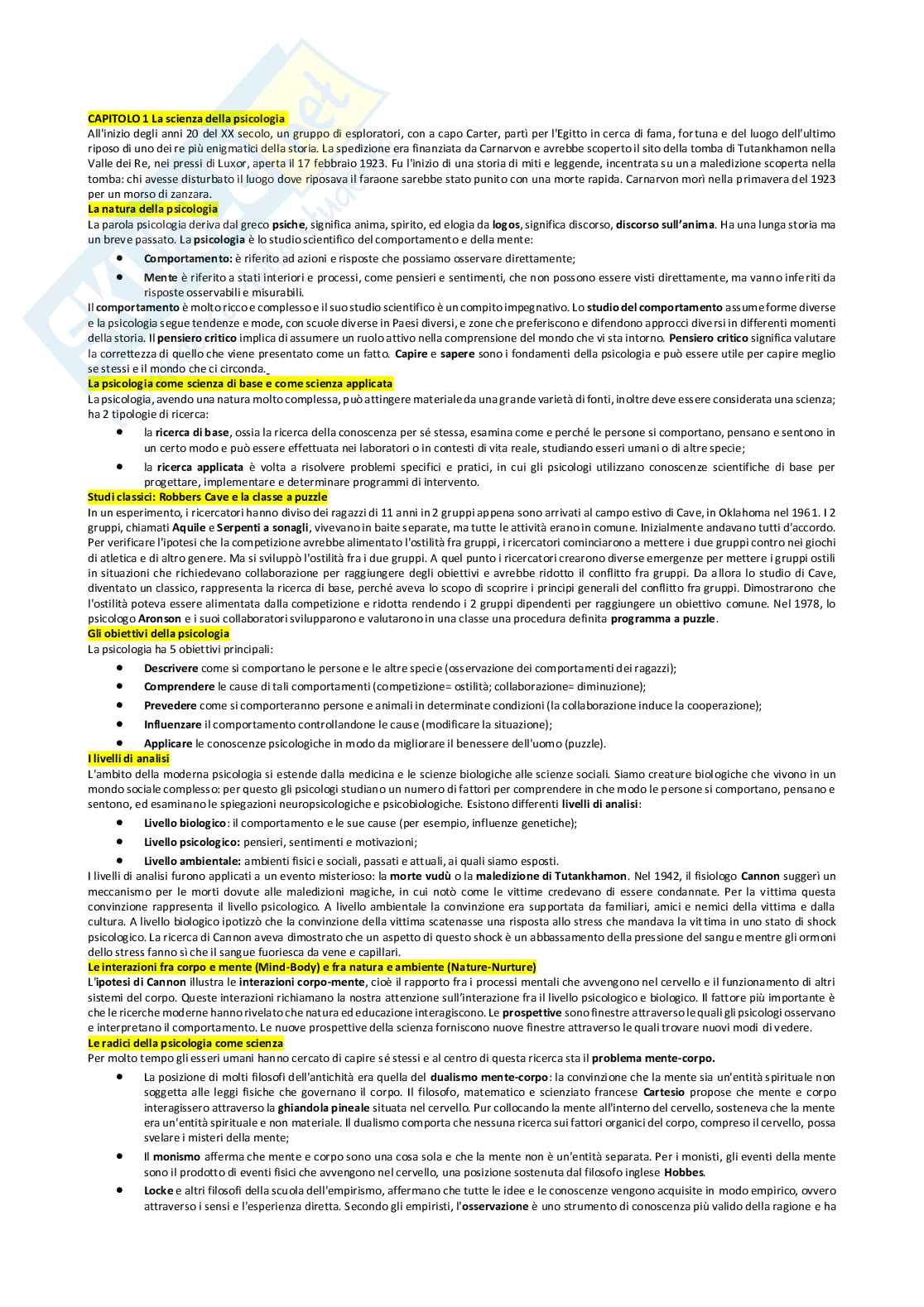 Riassunto esame Psicologia generale , Prof. Pirrone Concetta, libro consigliato Psicologia generale: capire la mente osservando il comportamento , Hilton, Bremner, Vliek, Sutherland, Passer, Smith Pag. 1
