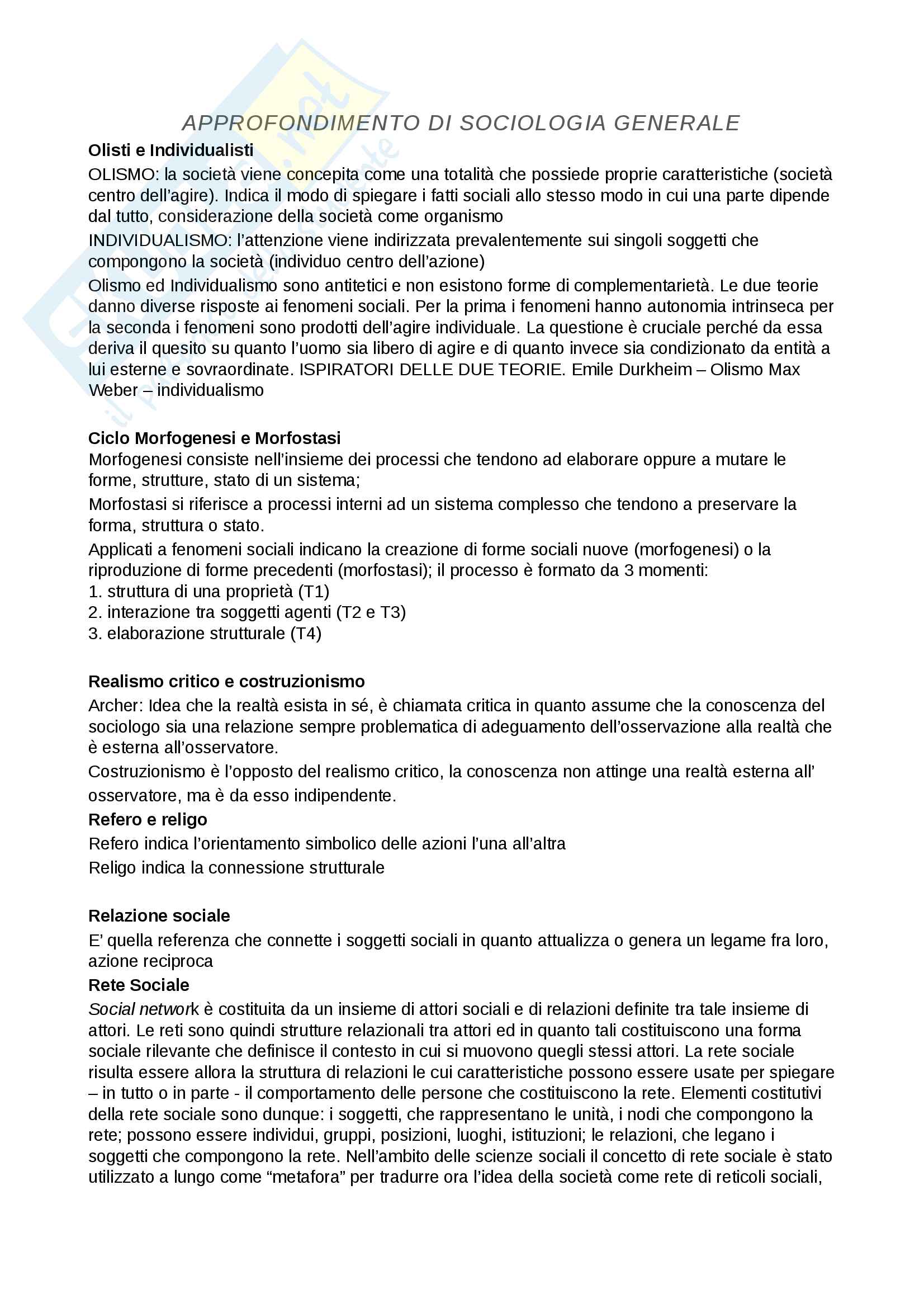 Approfondimento Sociologia generale Pag. 1