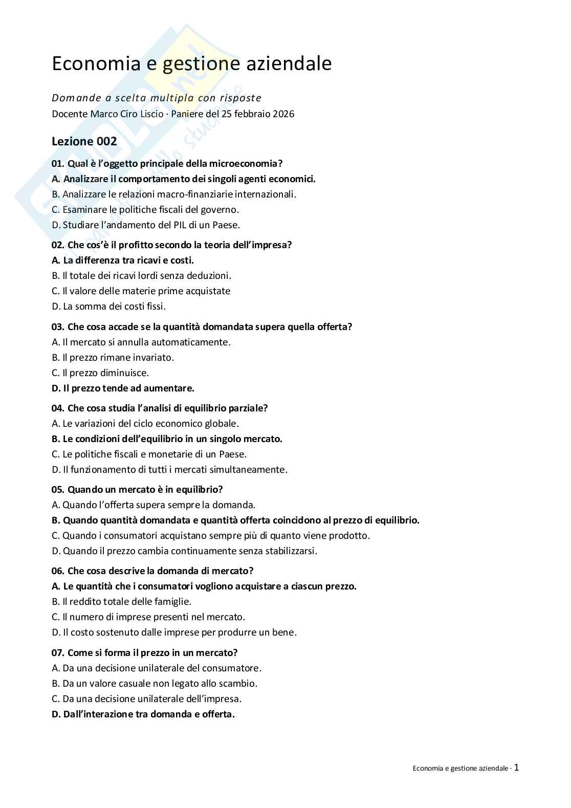 Quiz risolti Economia e gestione aziendale 2026 Pag. 1