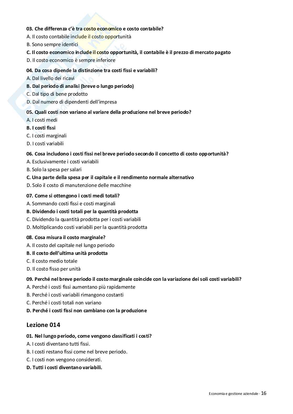 Quiz risolti Economia e gestione aziendale 2026 Pag. 16