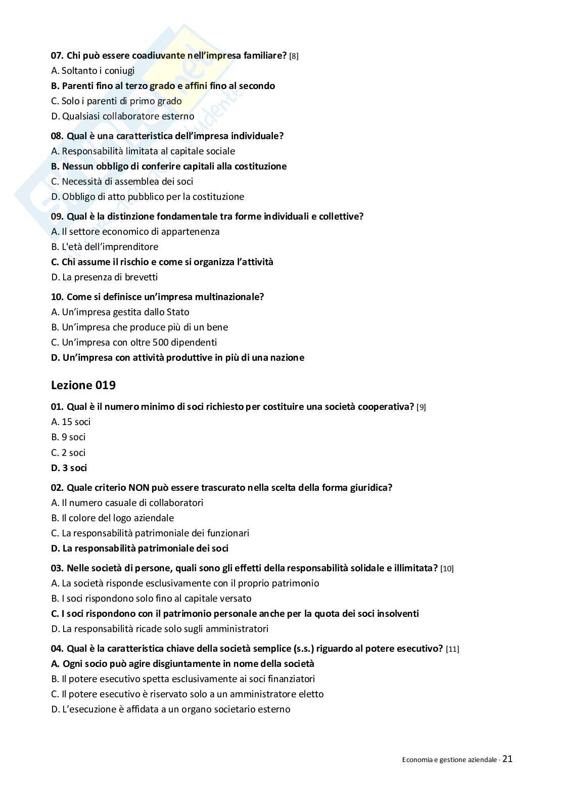 Quiz risolti Economia e gestione aziendale 2026 Pag. 21