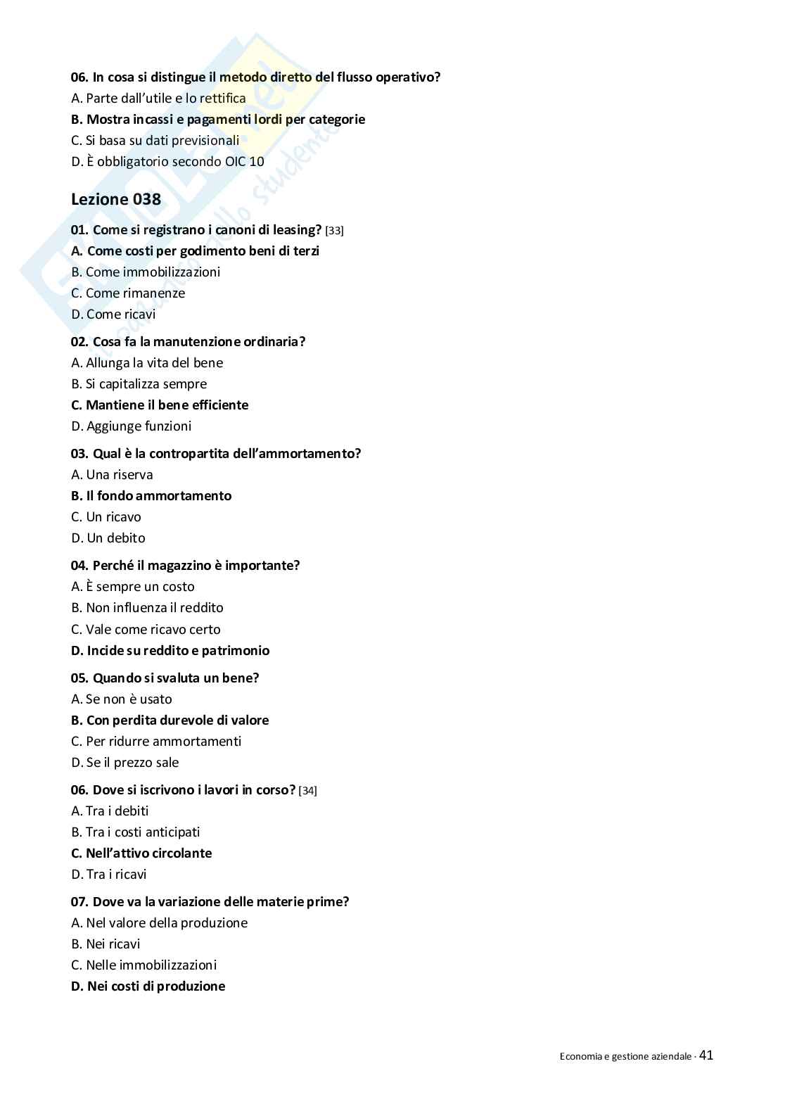 Quiz risolti Economia e gestione aziendale 2026 Pag. 41