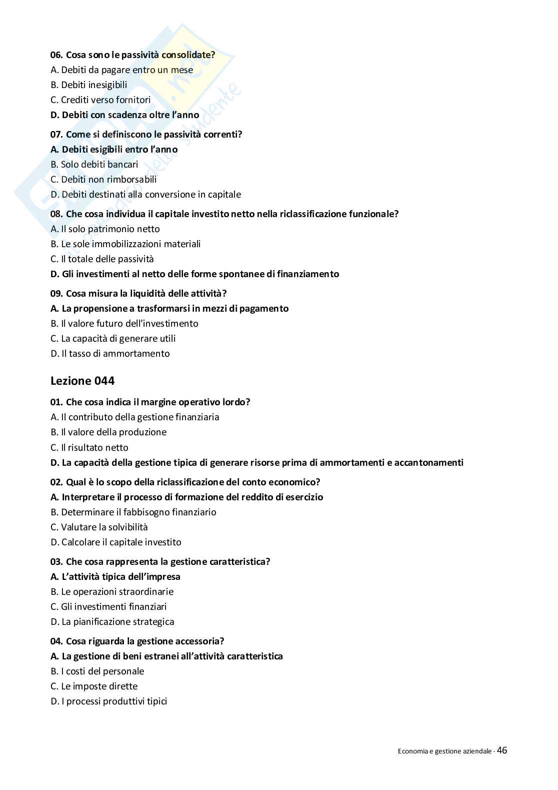 Quiz risolti Economia e gestione aziendale 2026 Pag. 46