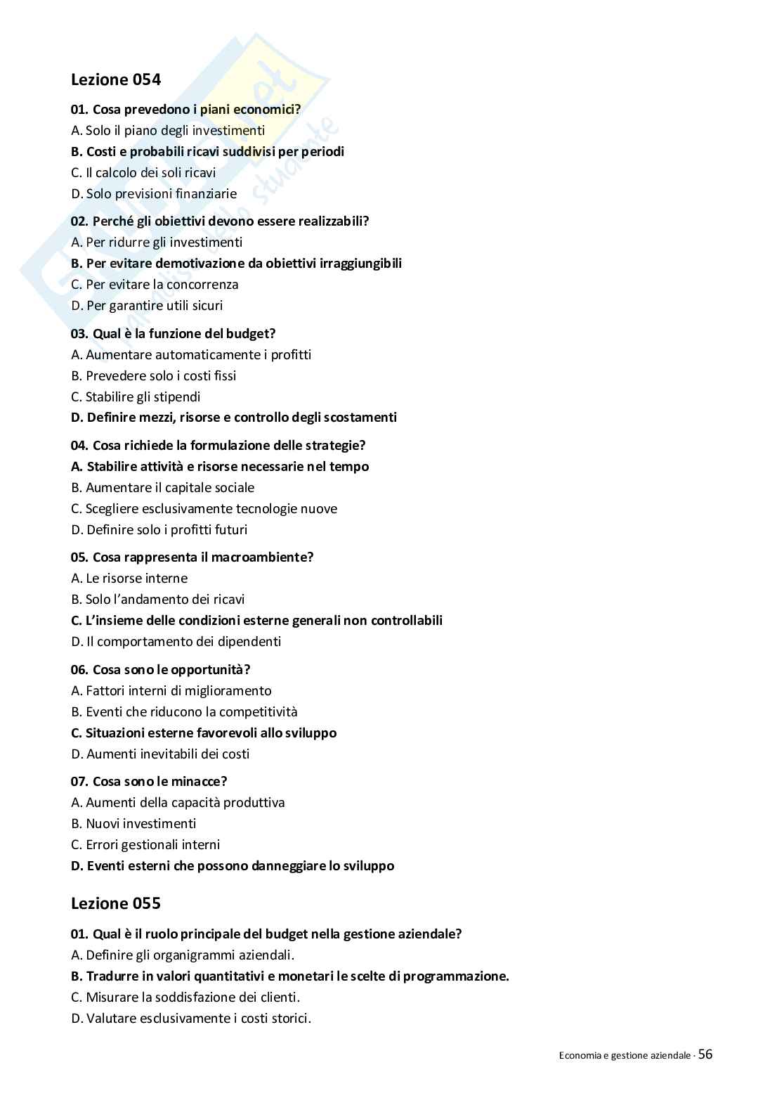 Quiz risolti Economia e gestione aziendale 2026 Pag. 56