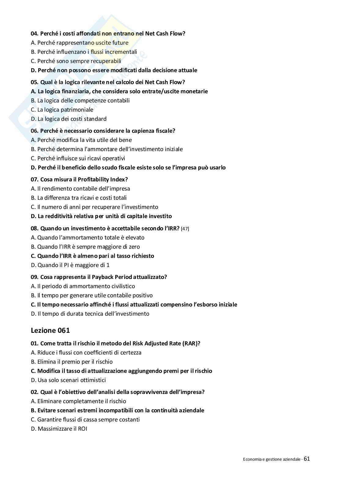 Quiz risolti Economia e gestione aziendale 2026 Pag. 61