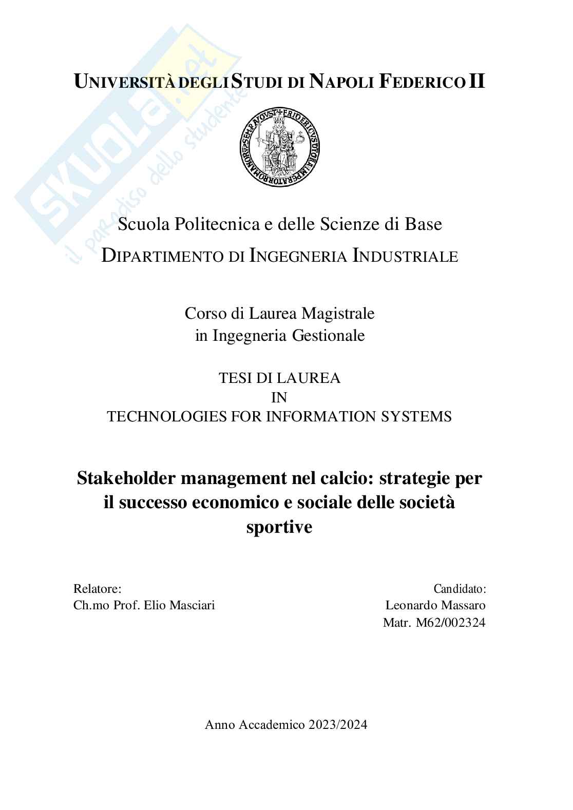 Stakeholder management nel calcio: strategie per il successo economico e sociale delle società sportive Pag. 1