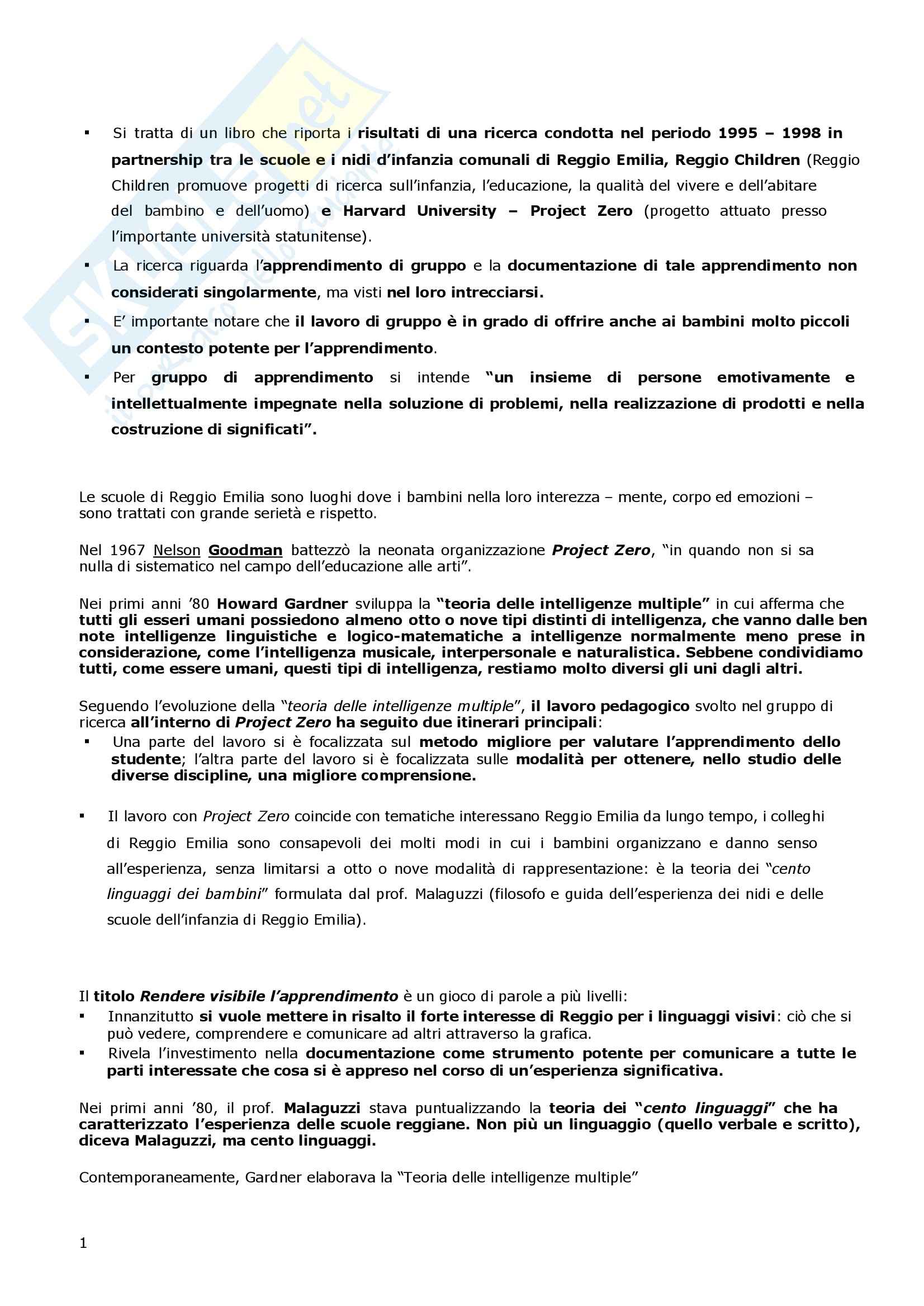Riassunto esame Pedagogia, prof. Infantino, libro consigliato Rendere visibile l'apprendimento, Reggio Children Pag. 1