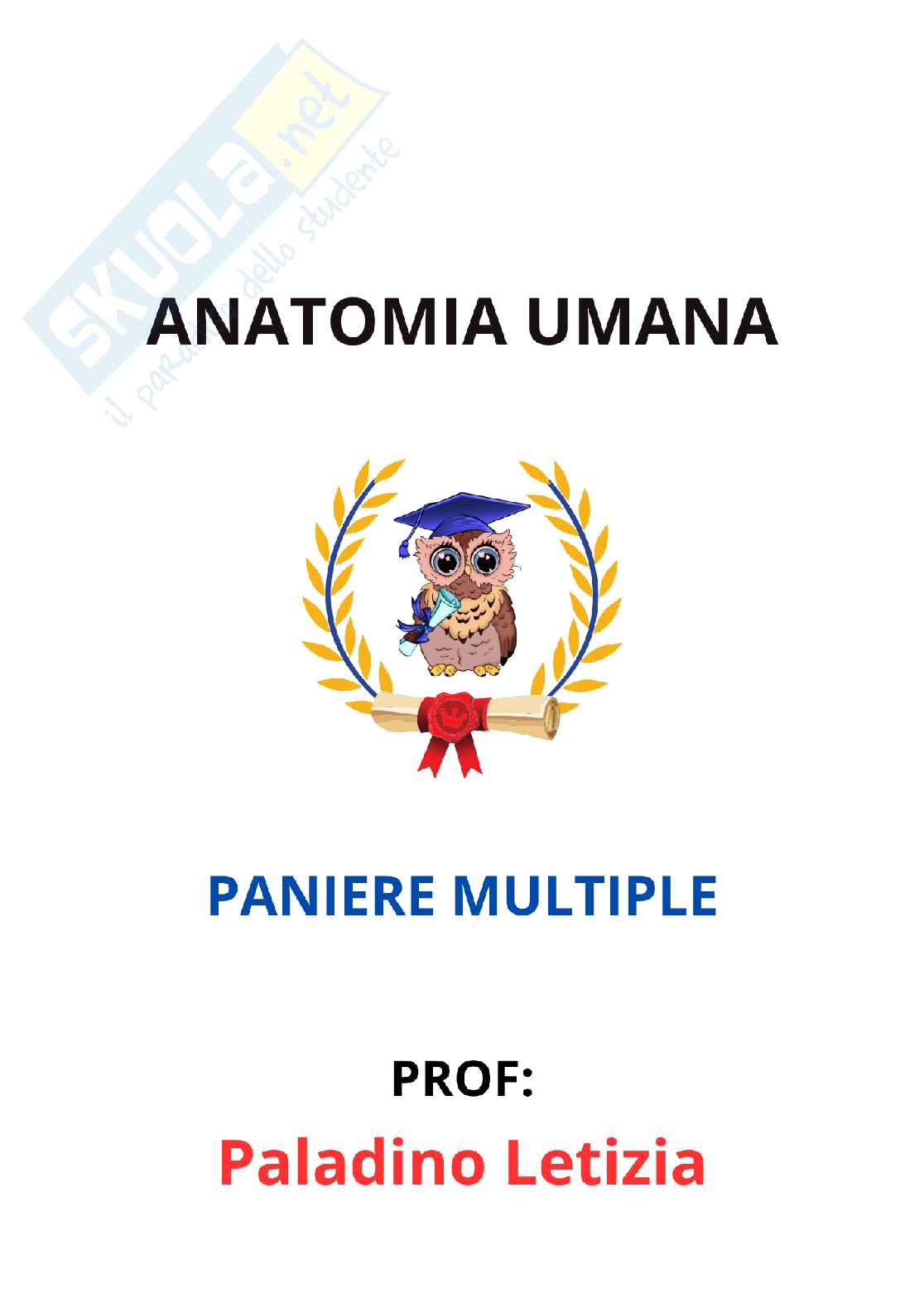 Paniere Anatomia umana - Risposte multiple - aggiornato (2026) Pag. 1