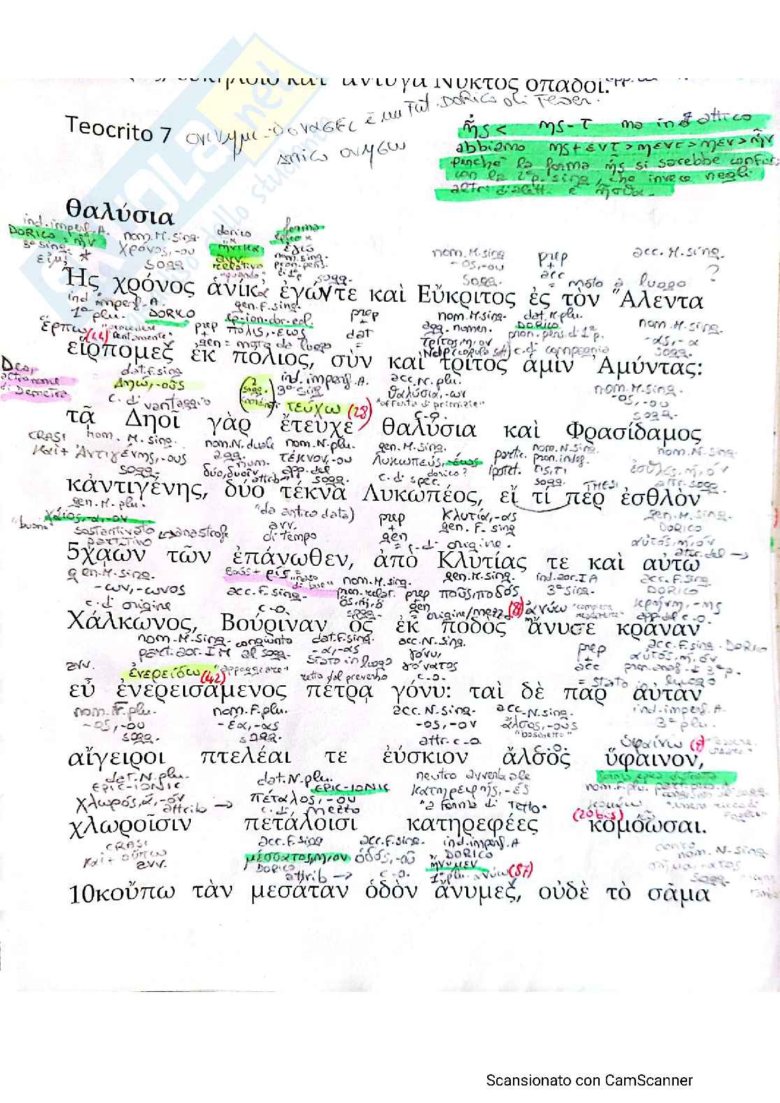 Teocrito idillio 7, le Talisie. Traduzione letterale e analisi morfosintattica Pag. 1