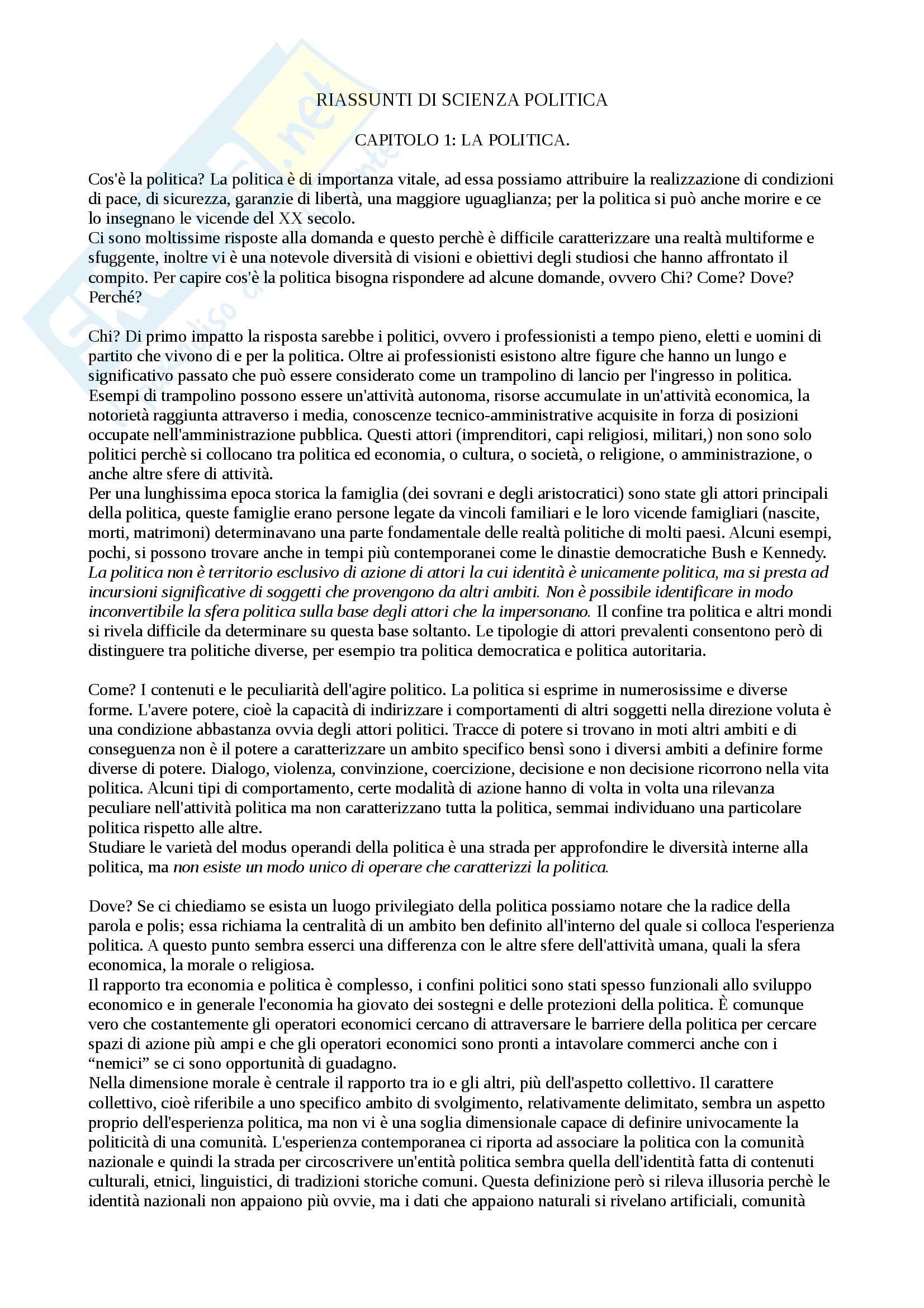 Riassunto esame Scienza politica, prof. Nevola, libro consigliato Scienza politica, Cotta, Della Porta, Morlino Pag. 1