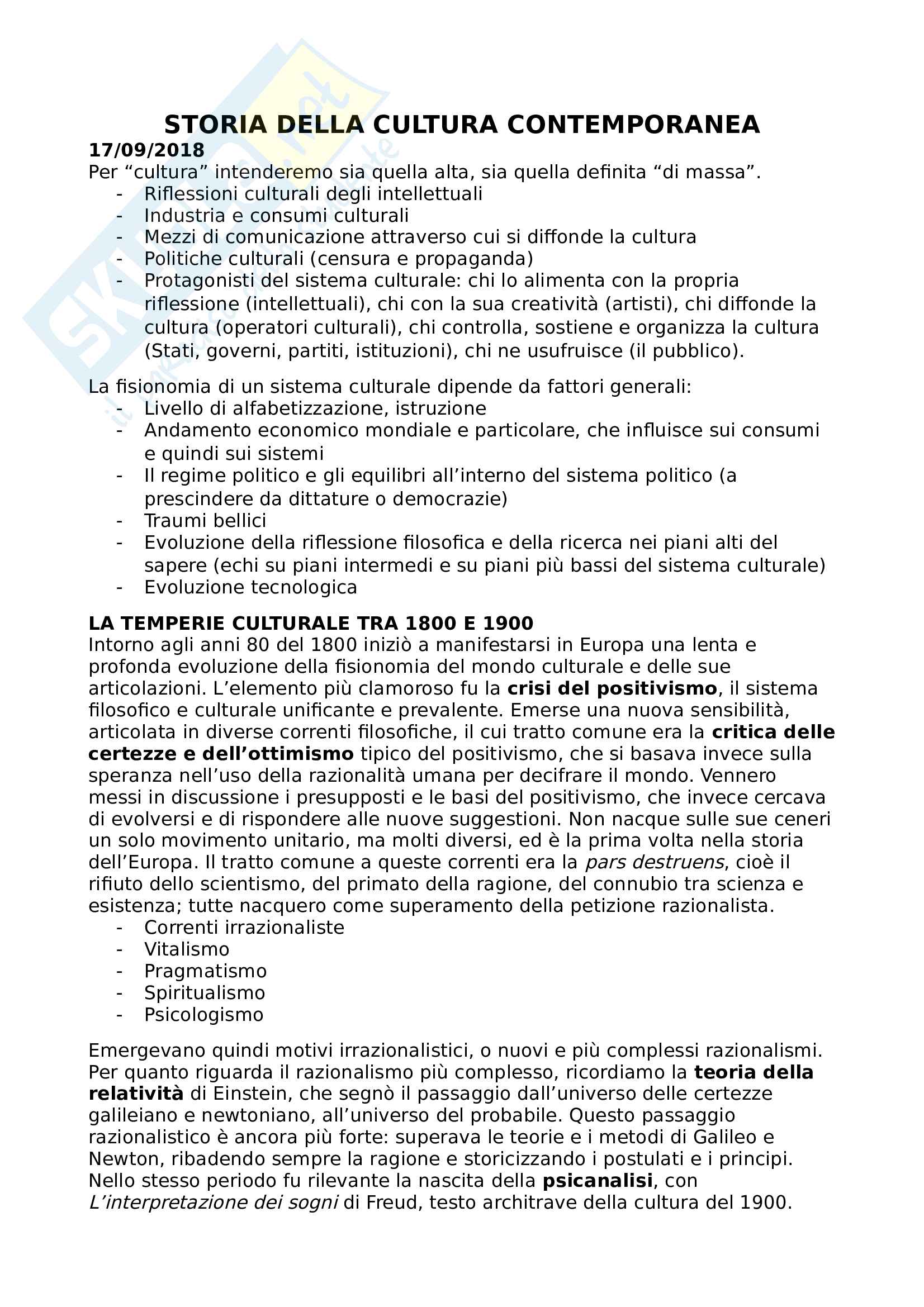 Lezioni Storia della cultura contemporanea (prof. Piazzoni) Pag. 1
