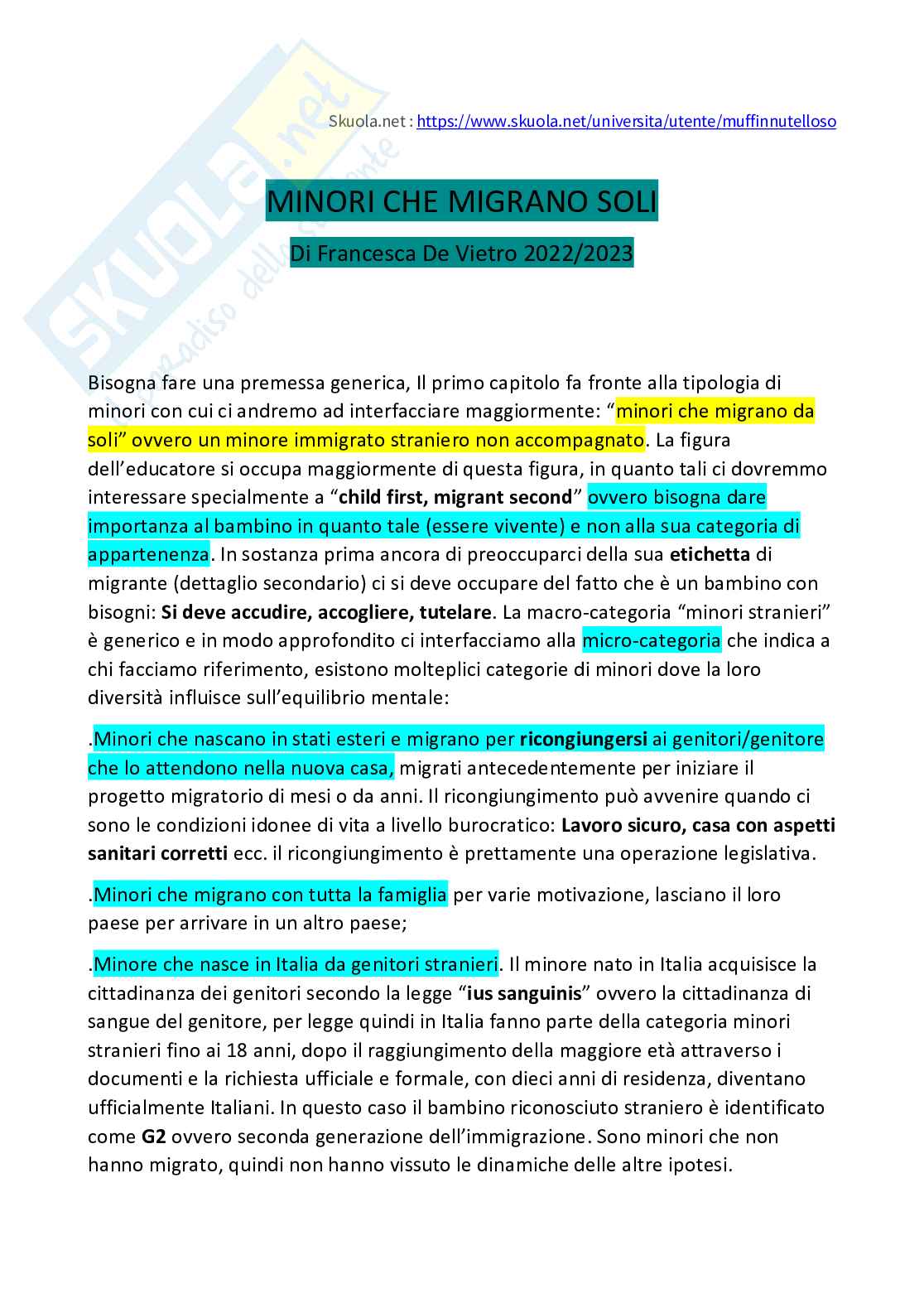 Riassunto esame Pedagogia generale e pedagogia interculturale, Prof. Pizzi Fabrizio, libro consigliato Minori che migrano soli. Percorsi di accoglienza e sostegno educativo, La Scuola, Brescia 2016, F. Pizzi Pag. 1