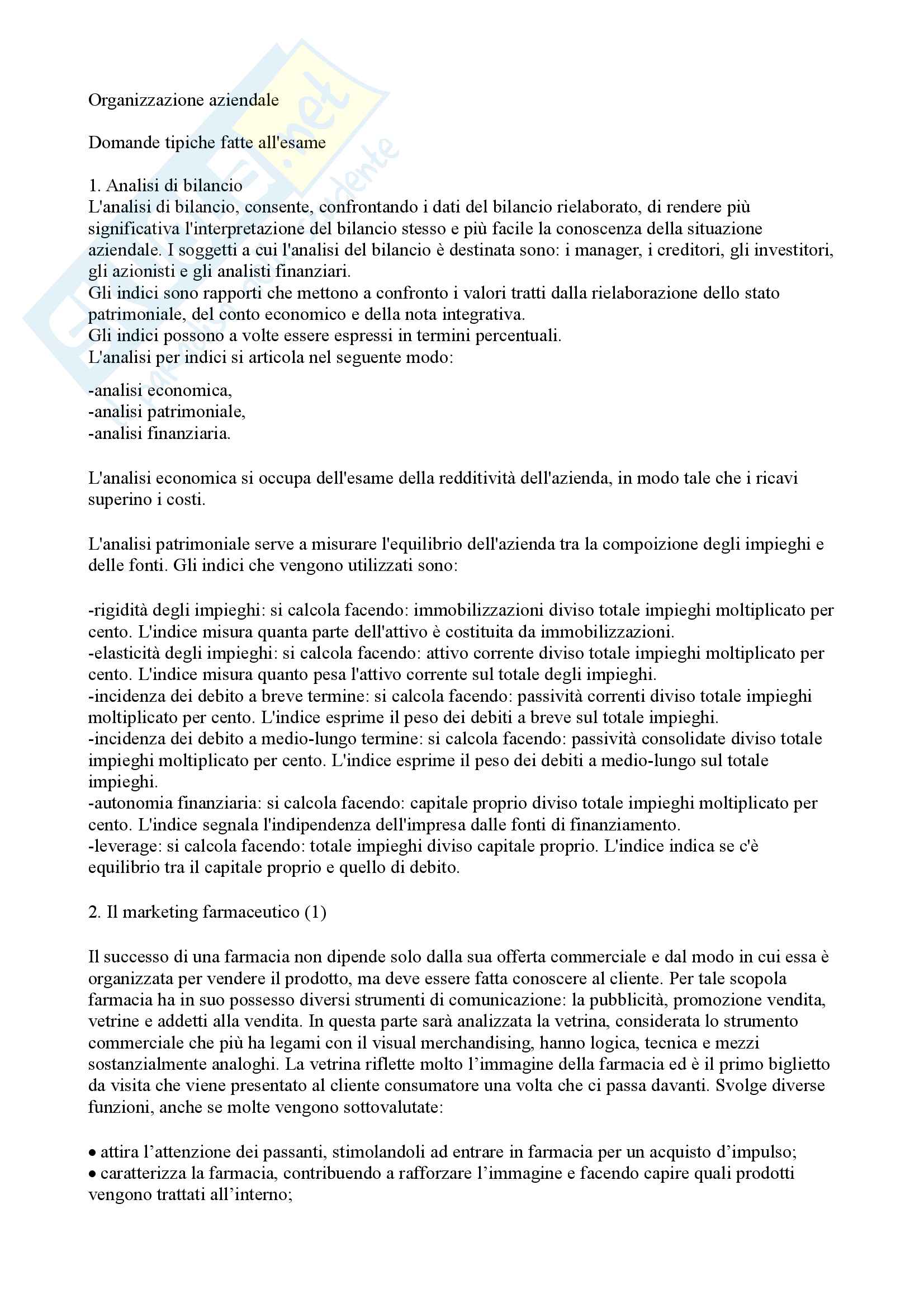 Domande esame: Appunti di organizzazione aziendale