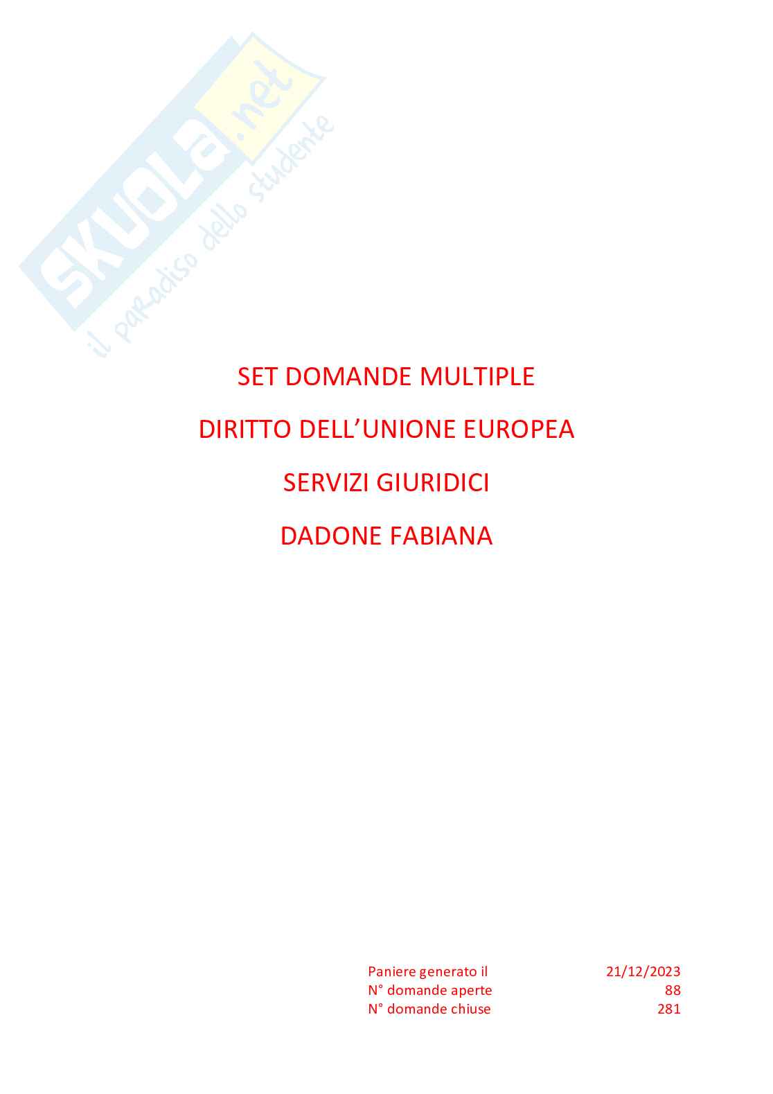Paniere Diritto dell'Unione Europea - risposte multiple Pag. 1