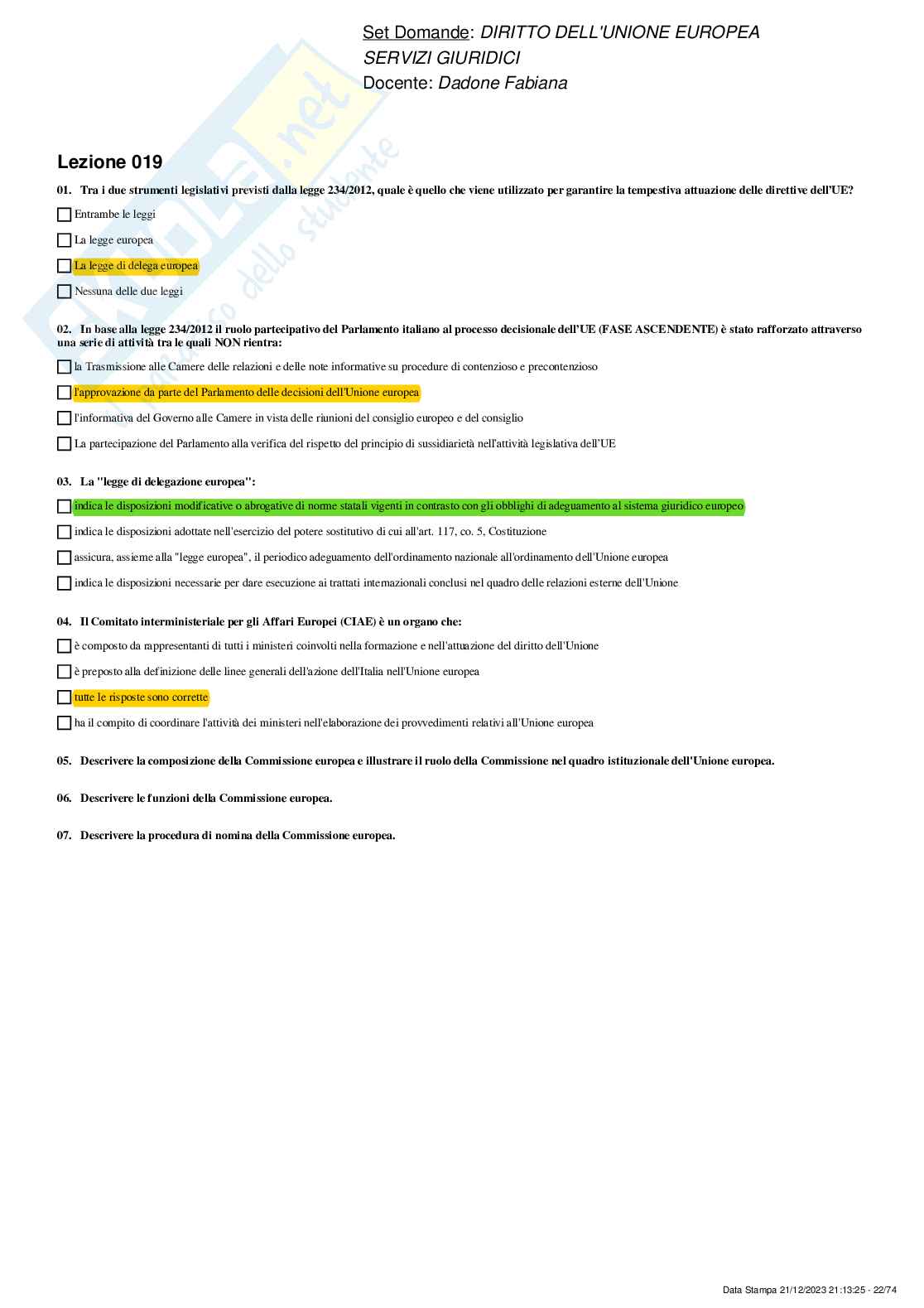 Paniere Diritto dell'Unione Europea - risposte multiple Pag. 21