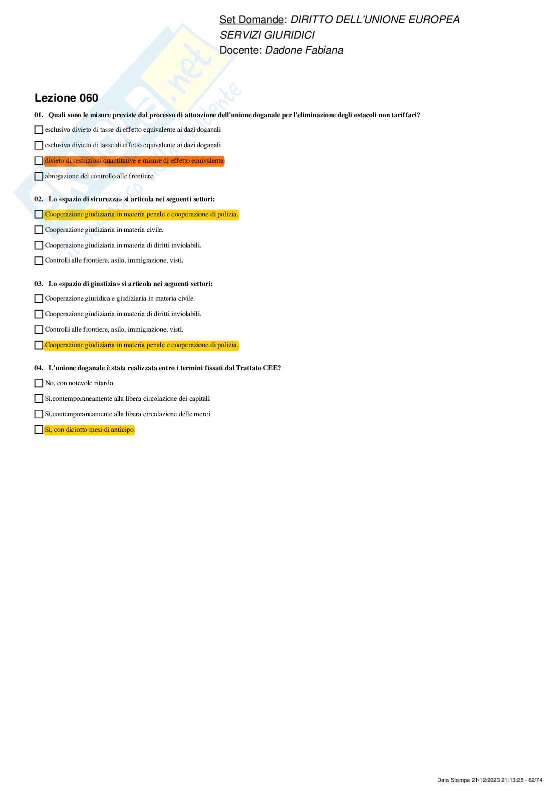 Paniere Diritto dell'Unione Europea - risposte multiple Pag. 61