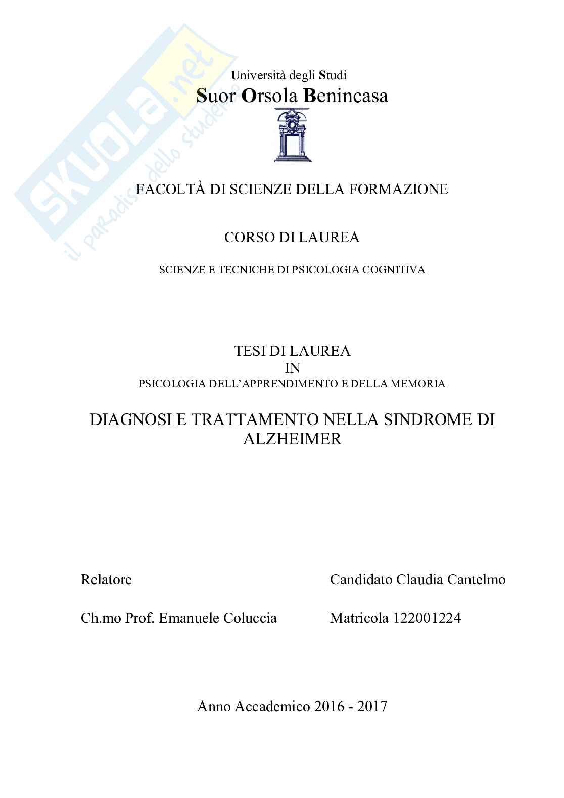 Diagnosi e trattamento nella sindrome di Alzheimer Pag. 1