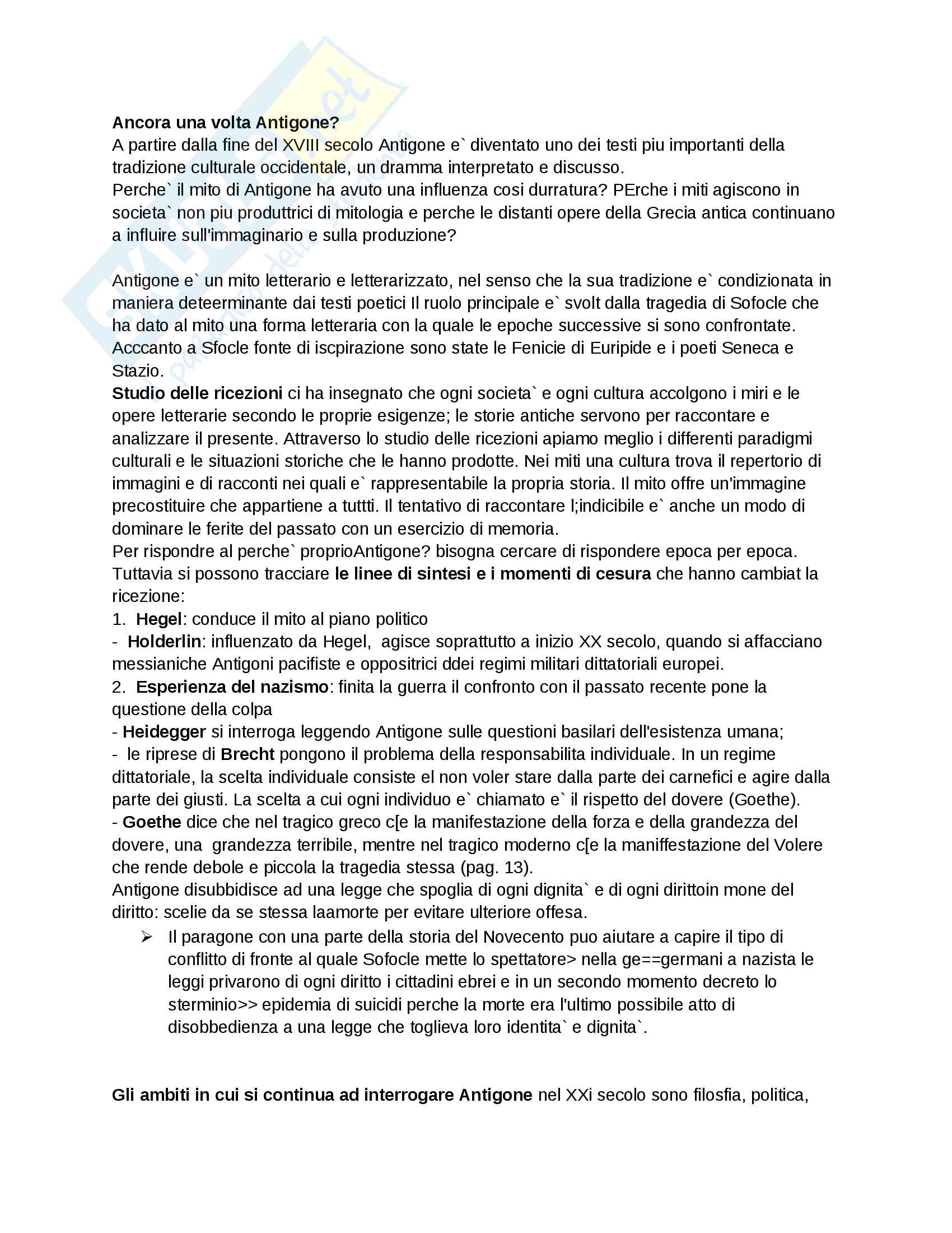 Sunto esame Letteratura e civiltà greca, prof. Condello, libro consigliato "Antigone storia di un mito" Pag. 1