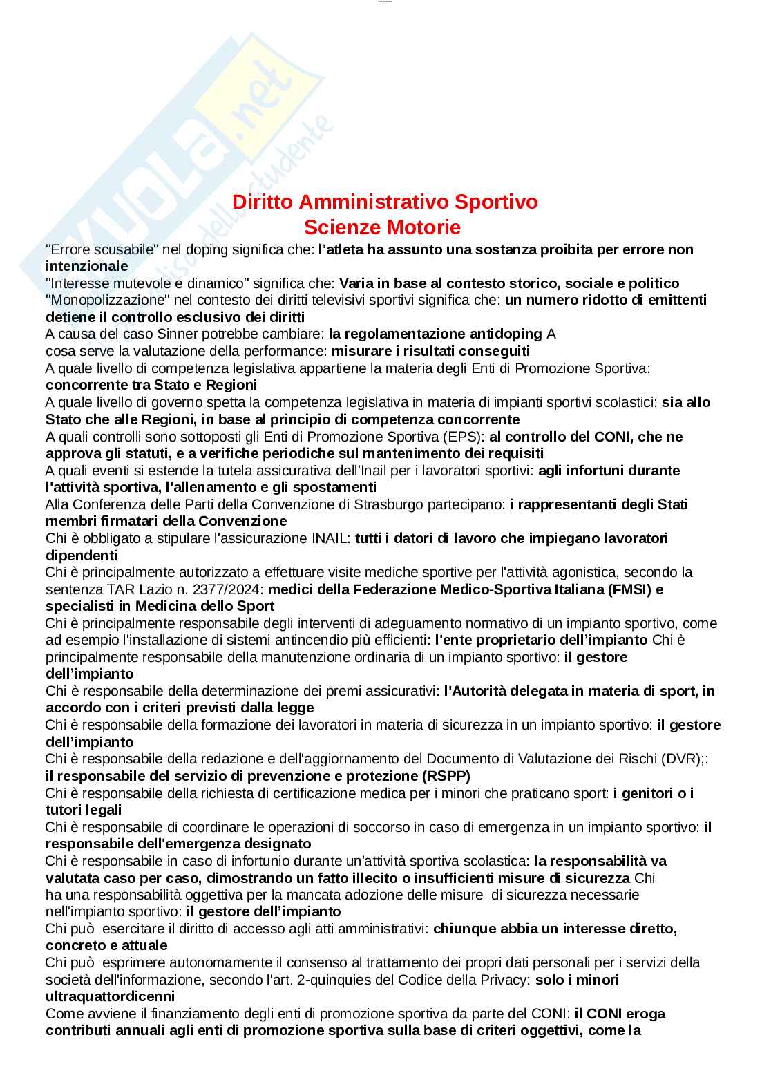 Paniere esame Diritto amministrativo sportivo Pag. 1