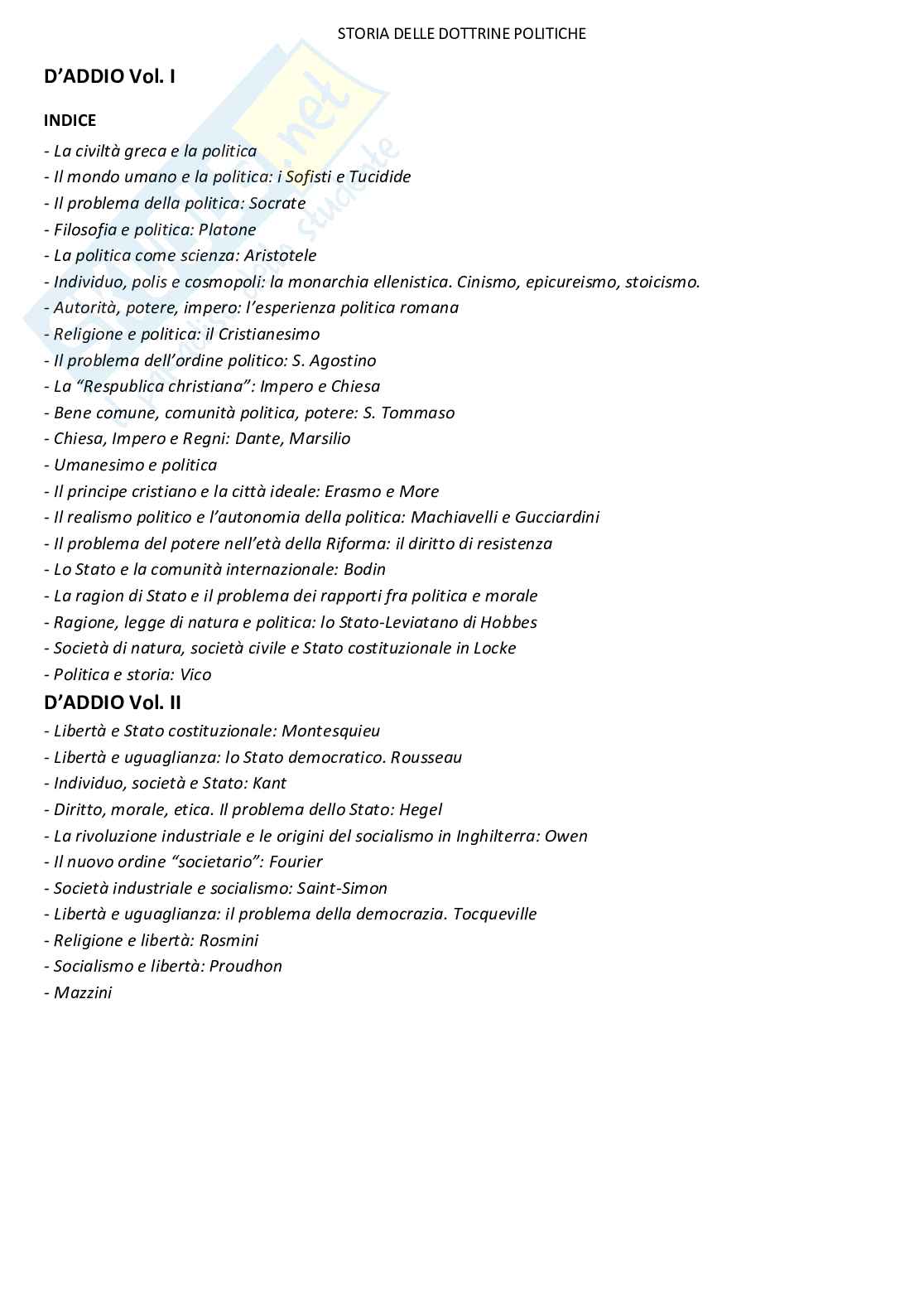Riassunto esame Storia delle dottrine politiche, Prof. Marsala Rosanna, libro consigliato Storia delle dottrine politiche, D'Addio  Pag. 1