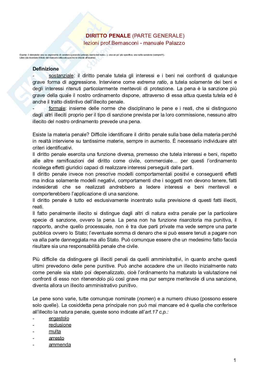 Riassunto esame Diritto penale - parte generale, Prof. Bernasconi Costanza, libro consigliato Corso di diritto penale - parte generale , Palazzo, Bartoli  Pag. 1