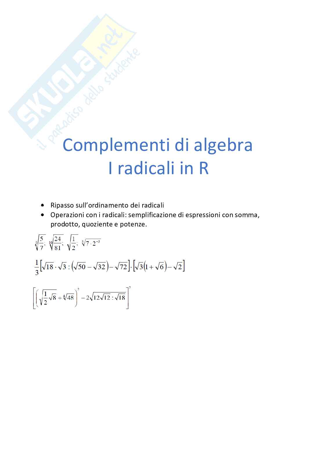 Radicali in R, le operazioni coni radicali e le semplificazioni Pag. 1