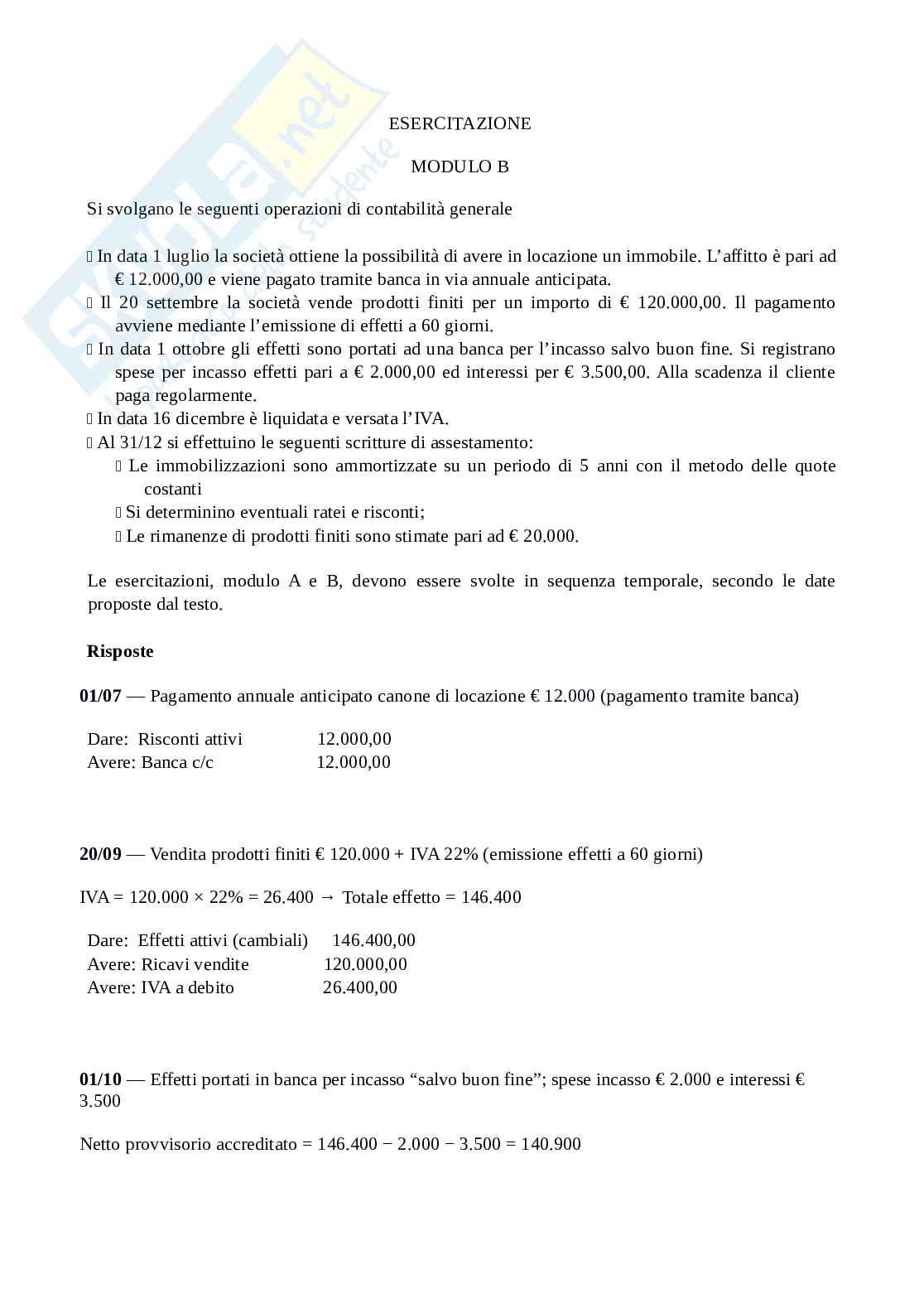 Esercitazione modulo B Contabilità e bilancio Pag. 1