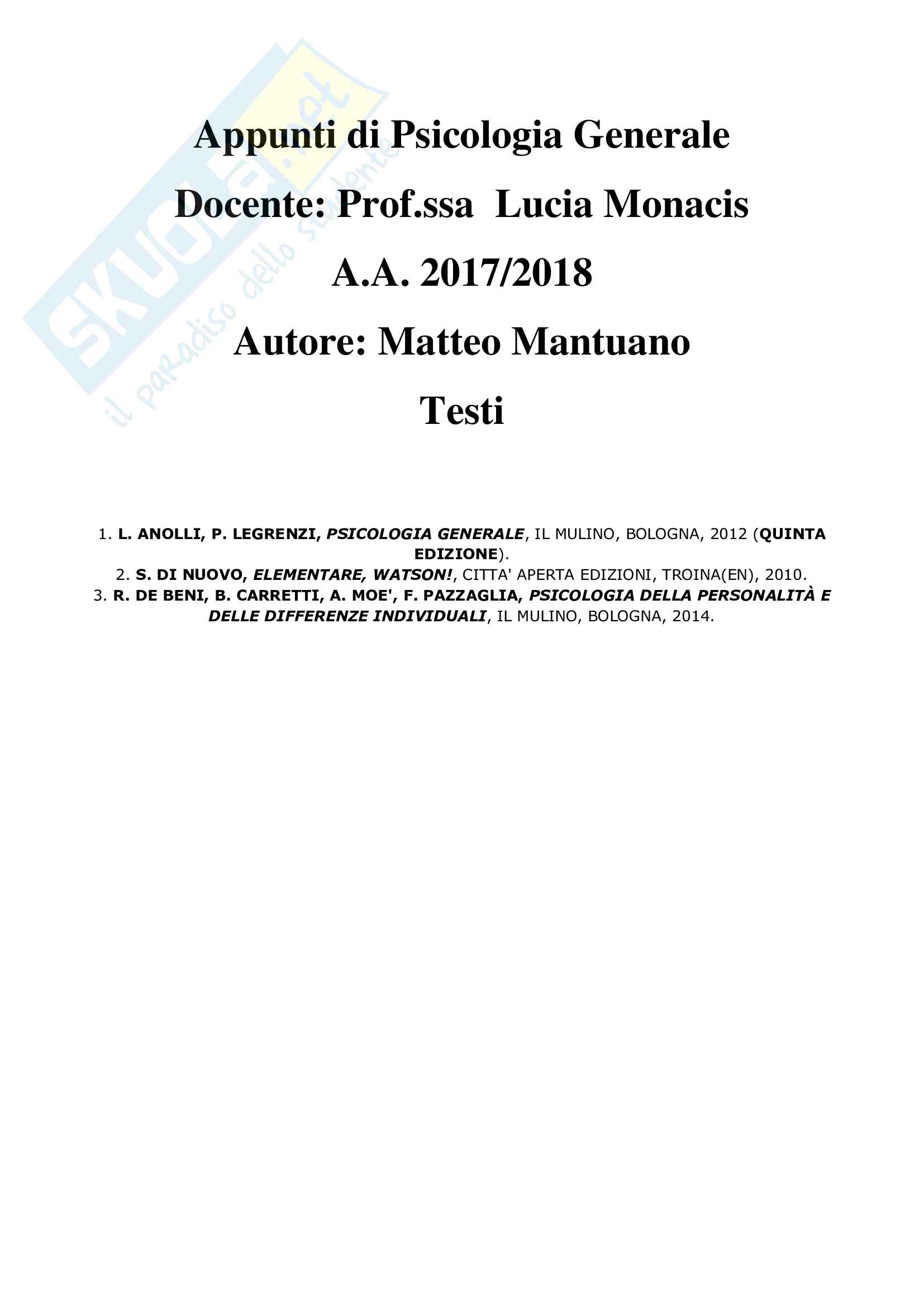 Appunti delle lezioni di Psicologia Generale Pag. 1