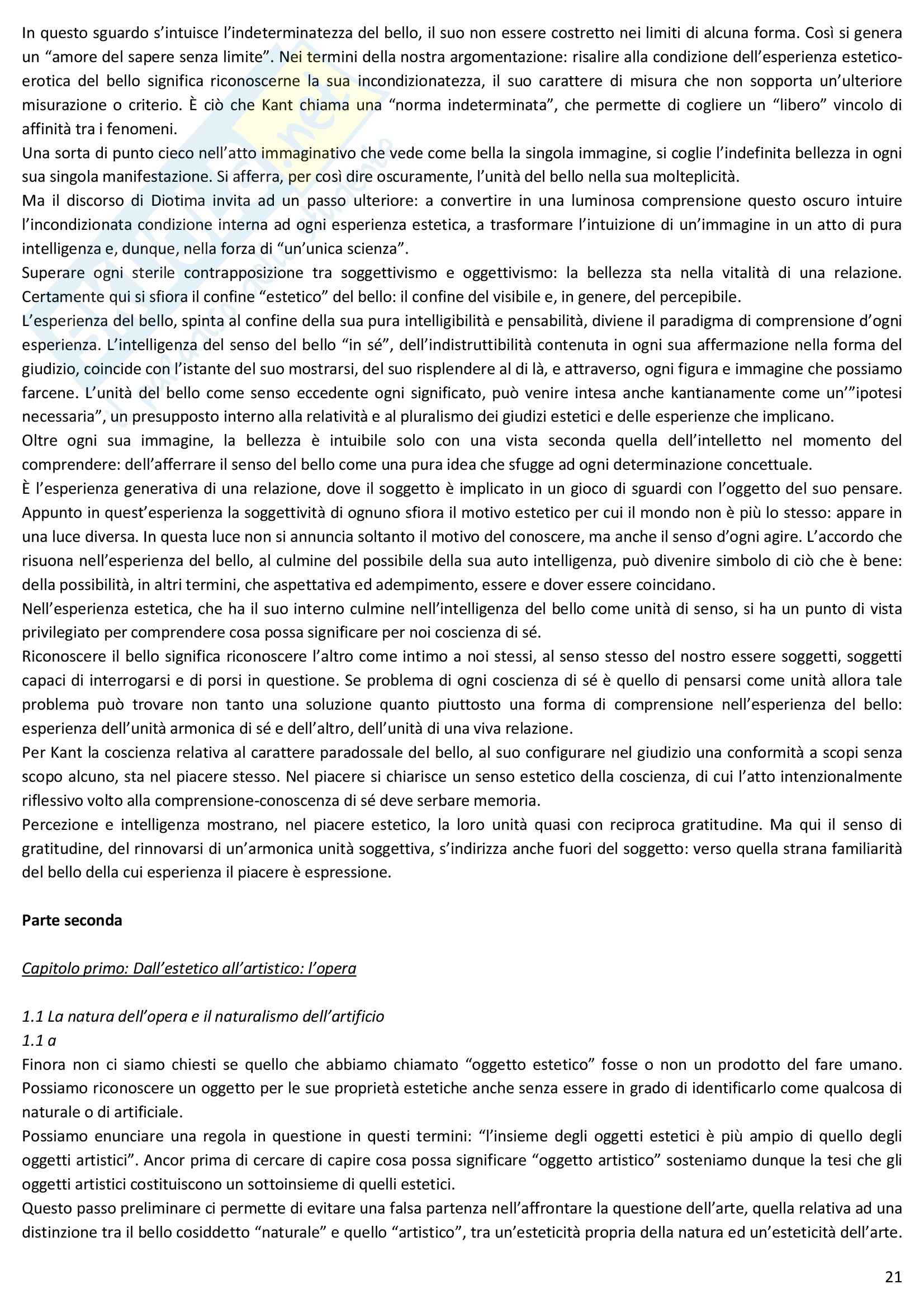 Riassunto esame Estetica, prof. Desideri, libro consigliato Forme dell'estetica. Dall'esperienza del bello al problema dell'arte, Desideri Pag. 21