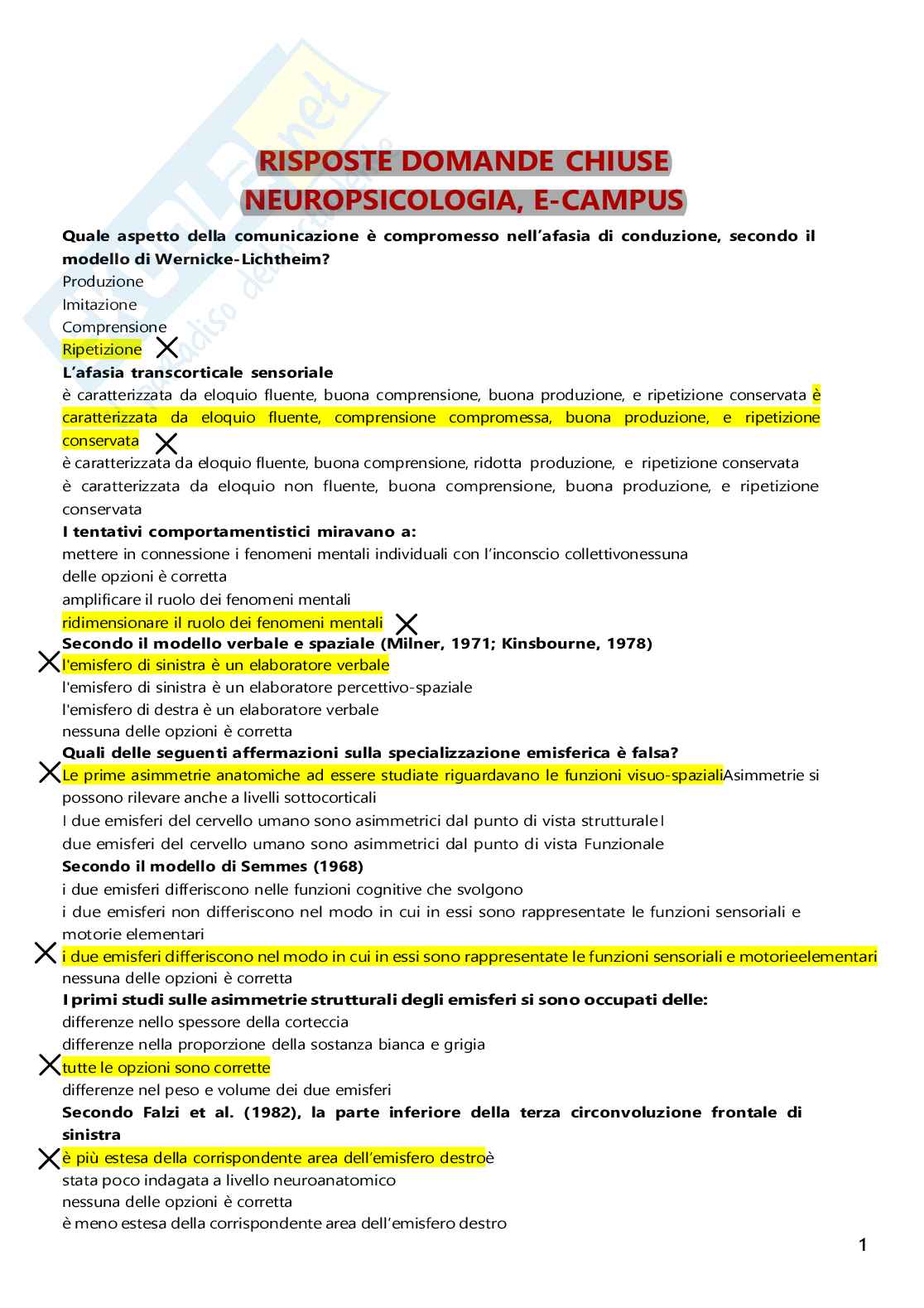 Risposte domande chiuse di Neuropsicologia aggiornate al 2023 Pag. 1