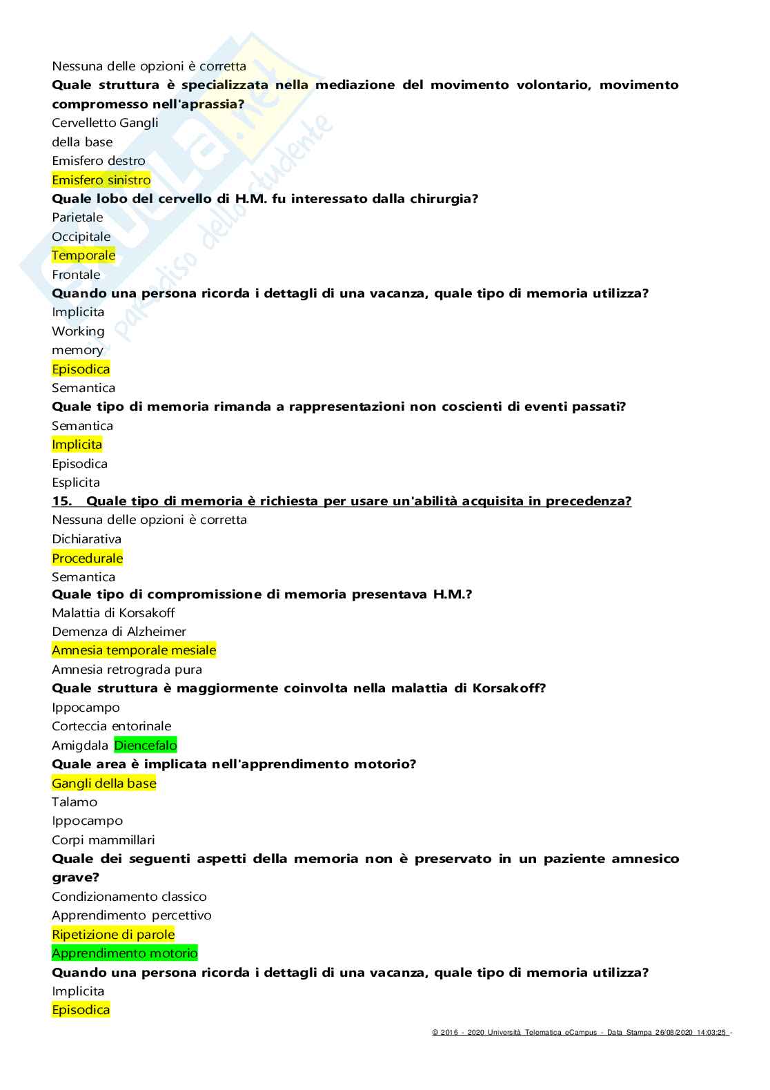 Risposte domande chiuse di Neuropsicologia aggiornate al 2023 Pag. 31