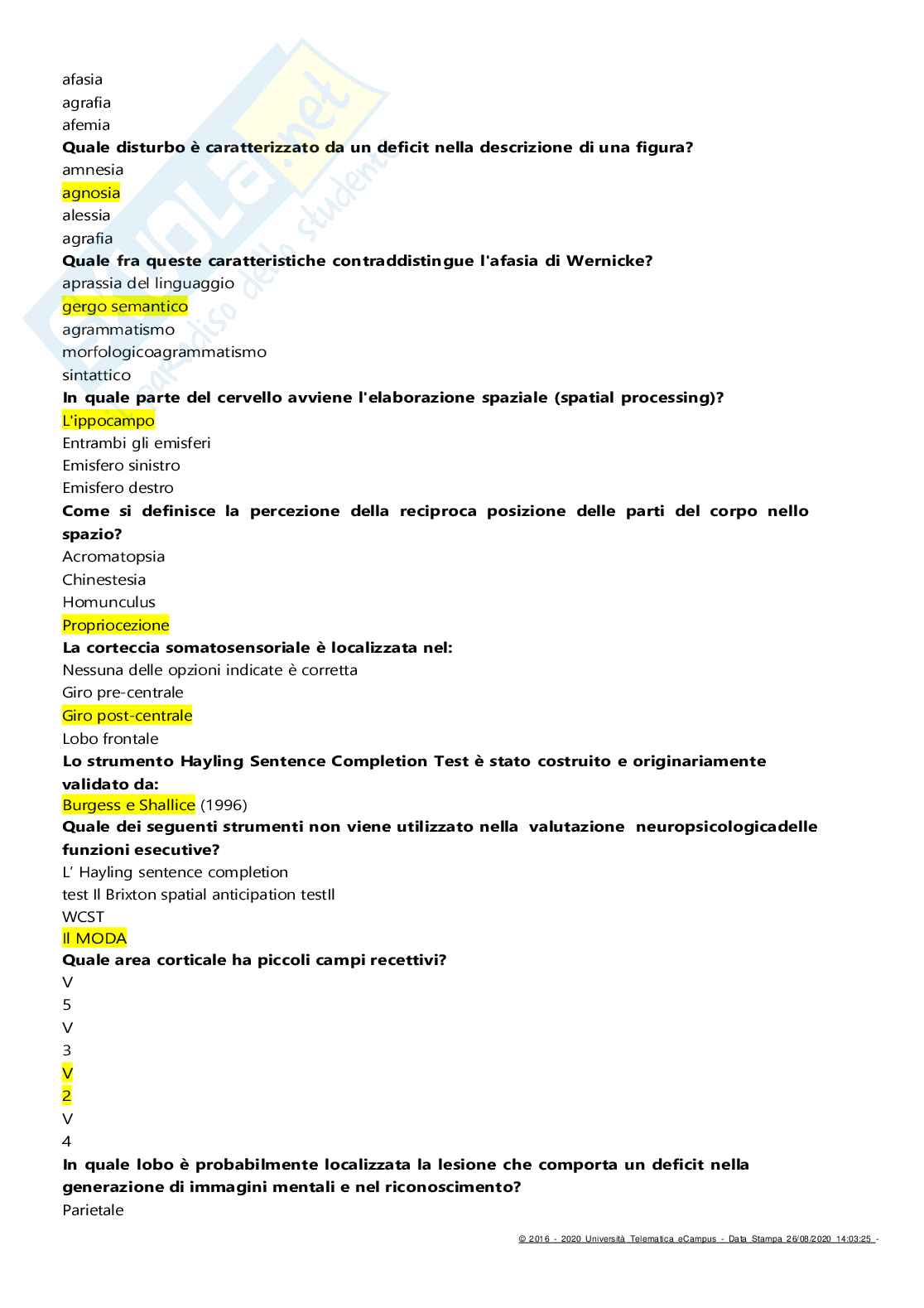 Risposte domande chiuse di Neuropsicologia aggiornate al 2023 Pag. 41