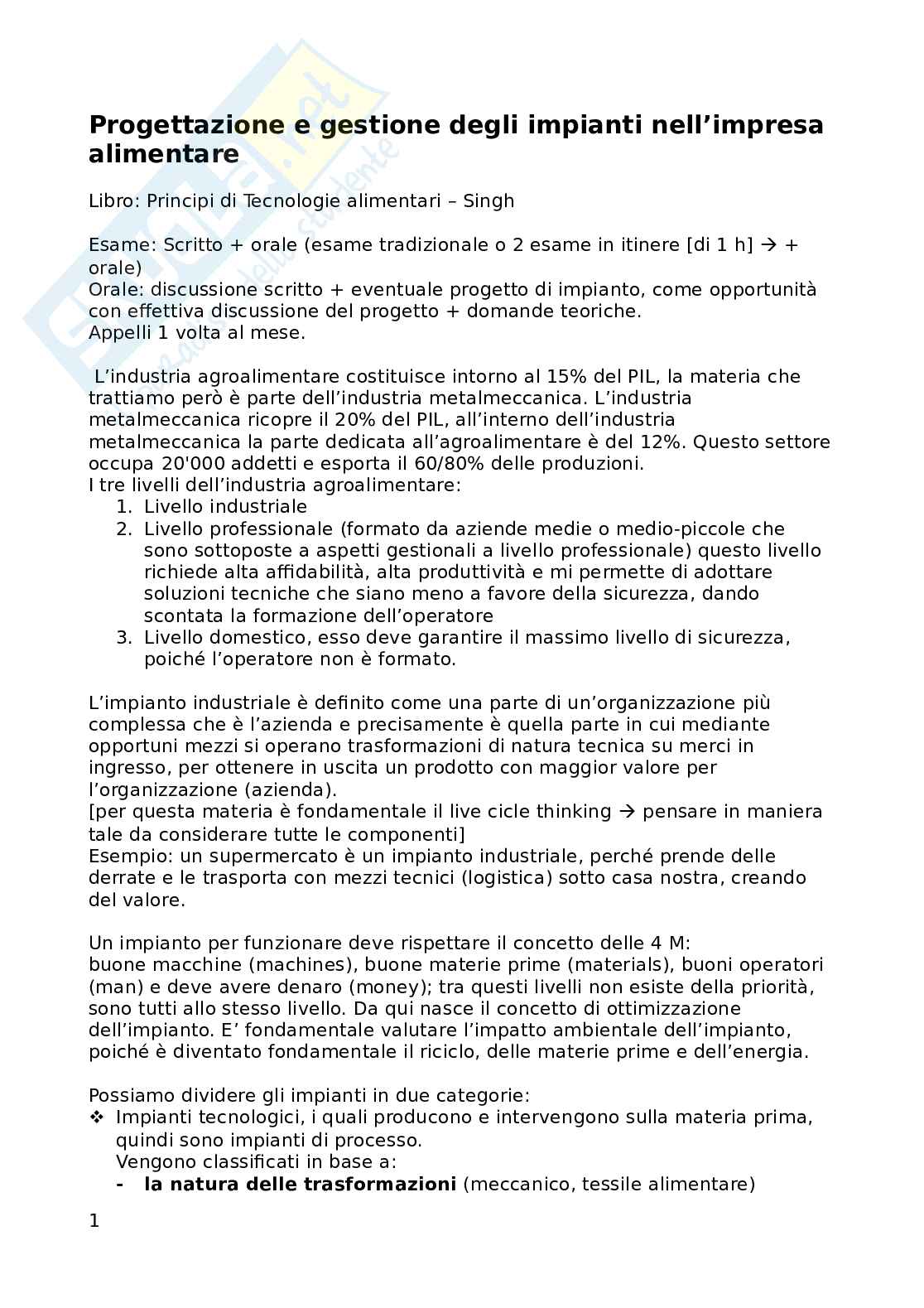 Progettazione e gestione degli impianti nell'industria alimentare Pag. 1