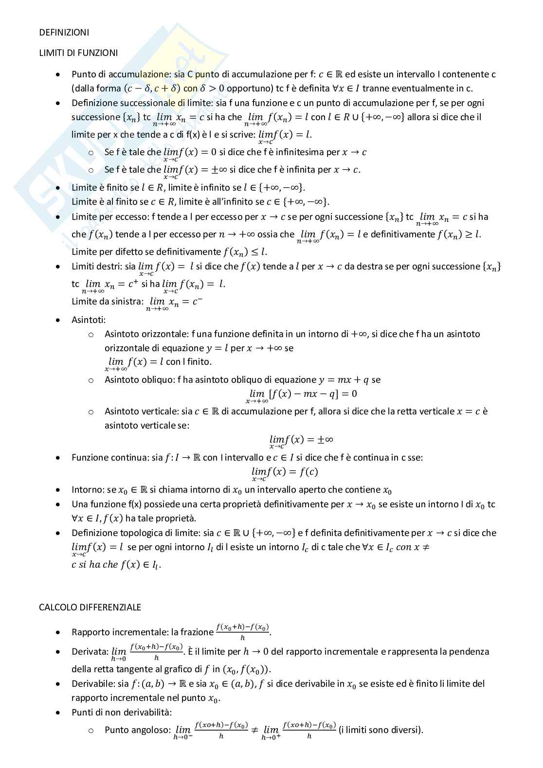 Definizioni e dimostrazioni funzioni, limiti, continuità e calcolo integrale Pag. 1