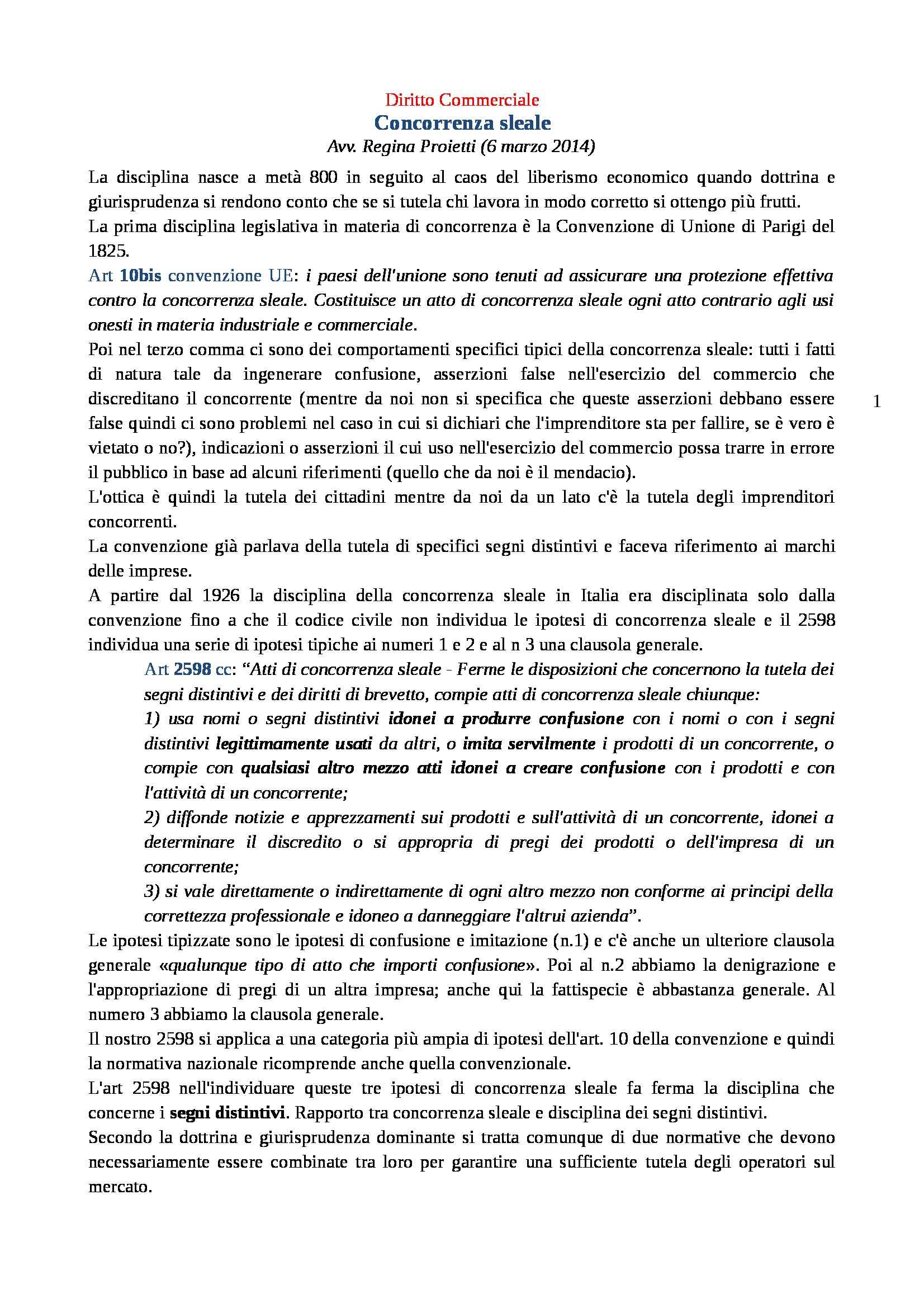 Diritto commerciale - concorrenza sleale Pag. 1