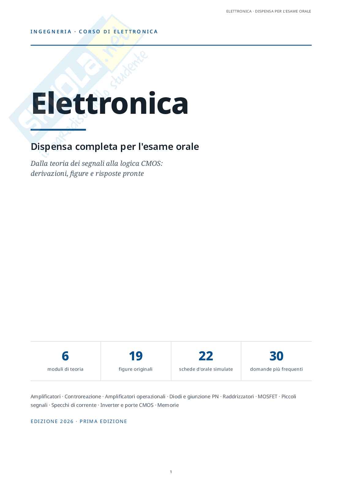Elettronica - Appunti completi per l'esame: amplificatori operazionali, controreazione, diodi, MOSFET e logica CMOS Pag. 1