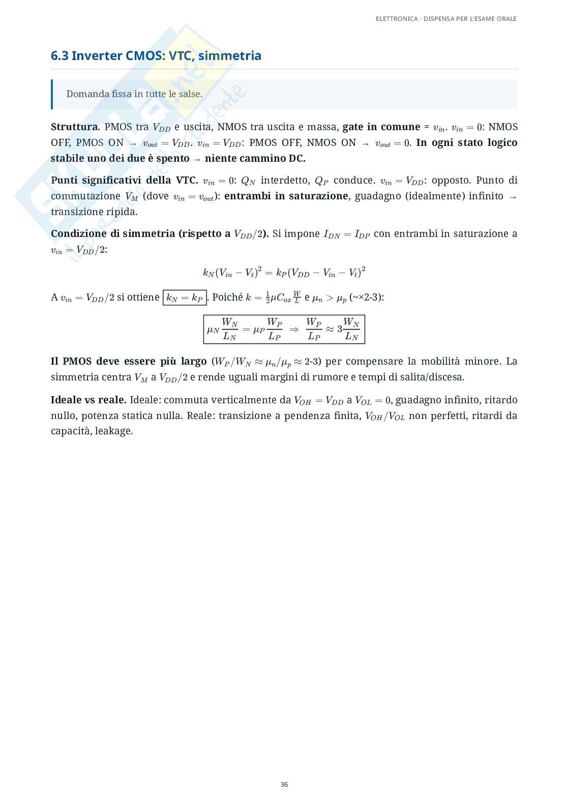 Elettronica - Appunti completi per l'esame: amplificatori operazionali, controreazione, diodi, MOSFET e logica CMOS Pag. 36
