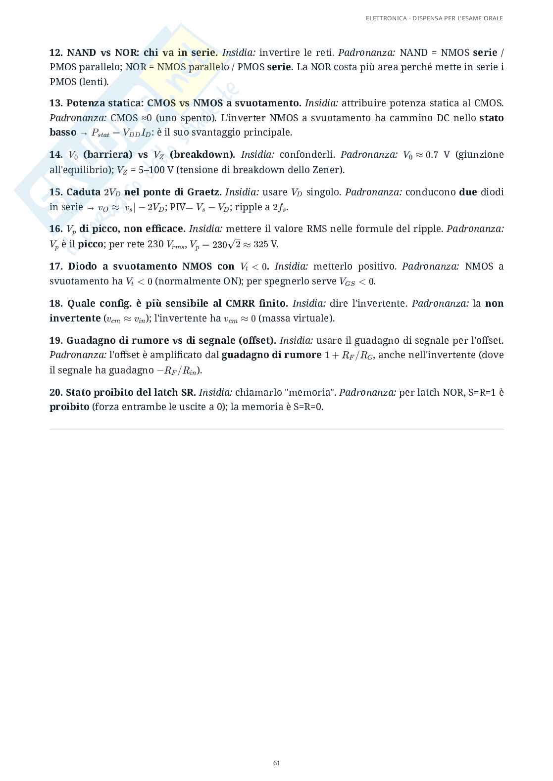 Elettronica - Appunti completi per l'esame: amplificatori operazionali, controreazione, diodi, MOSFET e logica CMOS Pag. 61