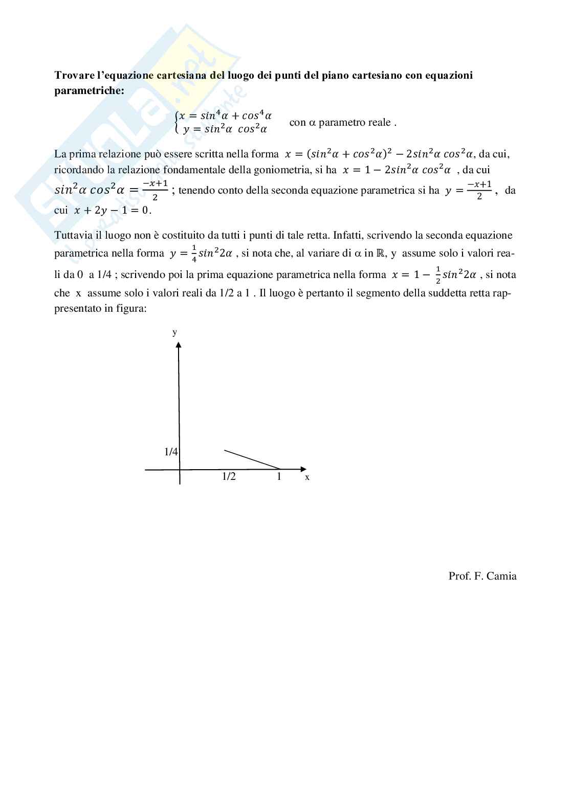 Trigonometria: Equaz. cartesiana del luogo di equazioni parametriche [math]x=sin^4 α +cos^4 α; y=sin^2 α[/math] Pag. 1
