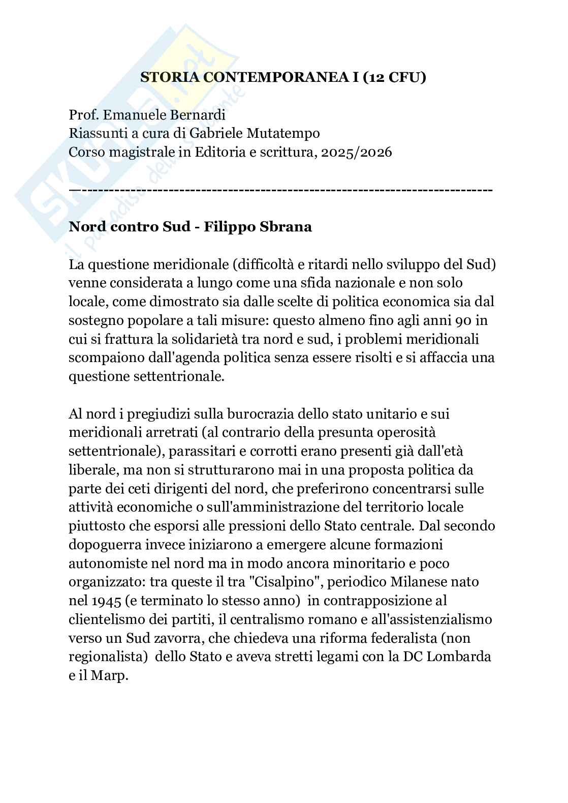 Storia contemporanea - Questione meridionale Pag. 1