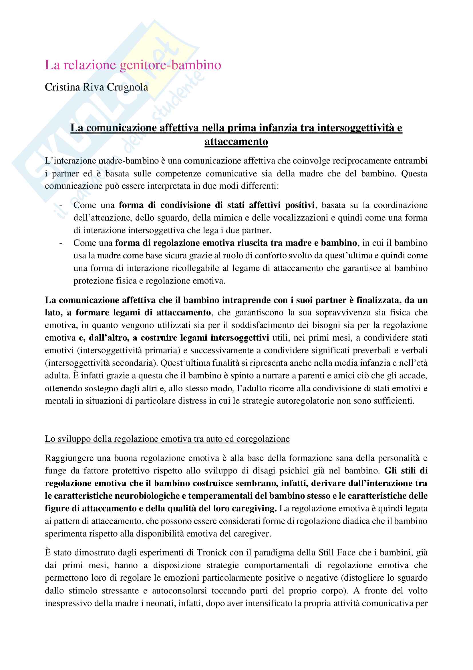 Riassunto esame psicologia dello sviluppo socio-affettivo, prof. Riva Crugnola, libro consigliato La relazione genitore-bambino, Riva Crugnola Pag. 1
