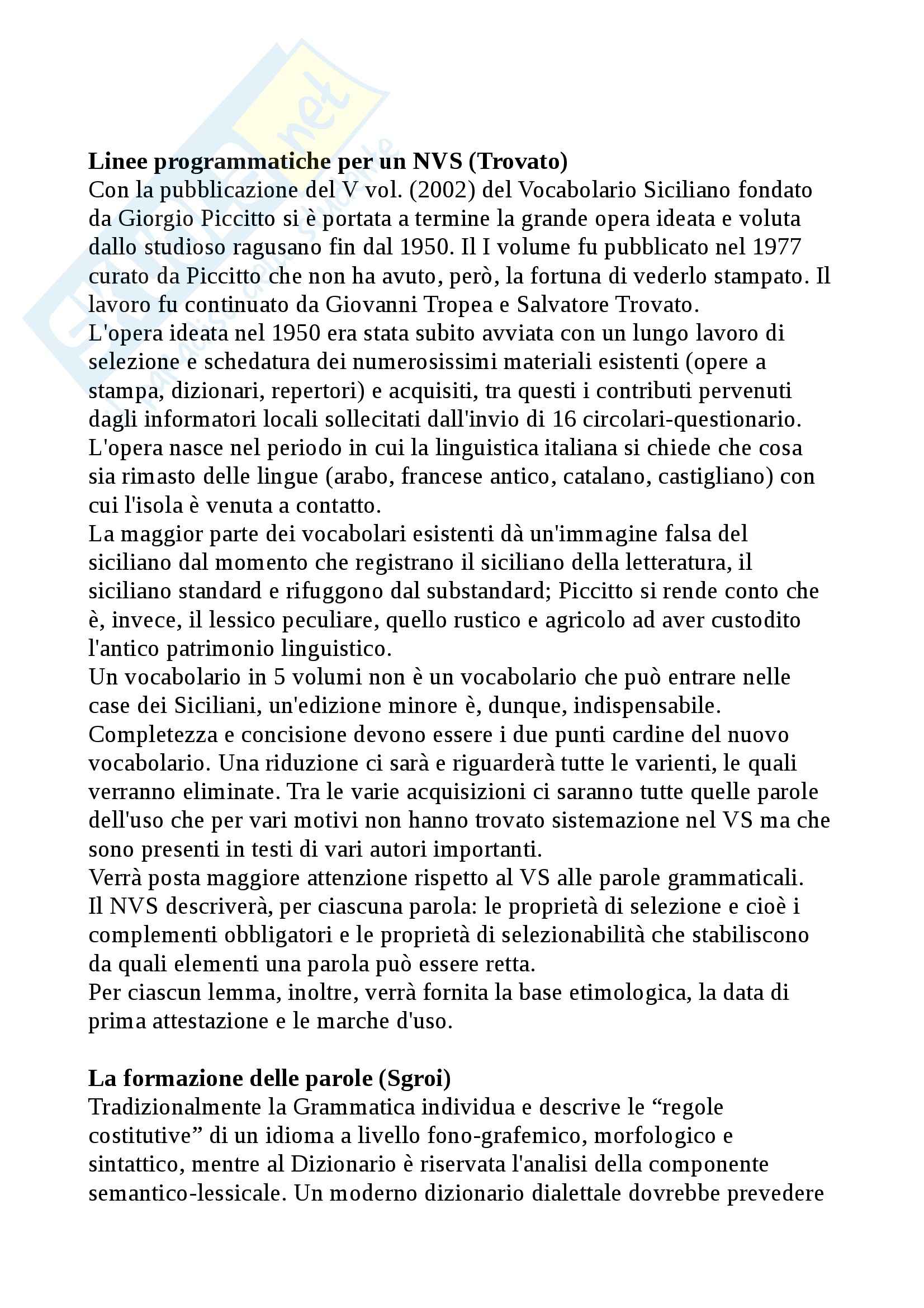 Riassunto esame Linguistica, prof. Valenti, libro consigliato Per un Nuovo Vocabolario Siciliano, Trovato Pag. 1