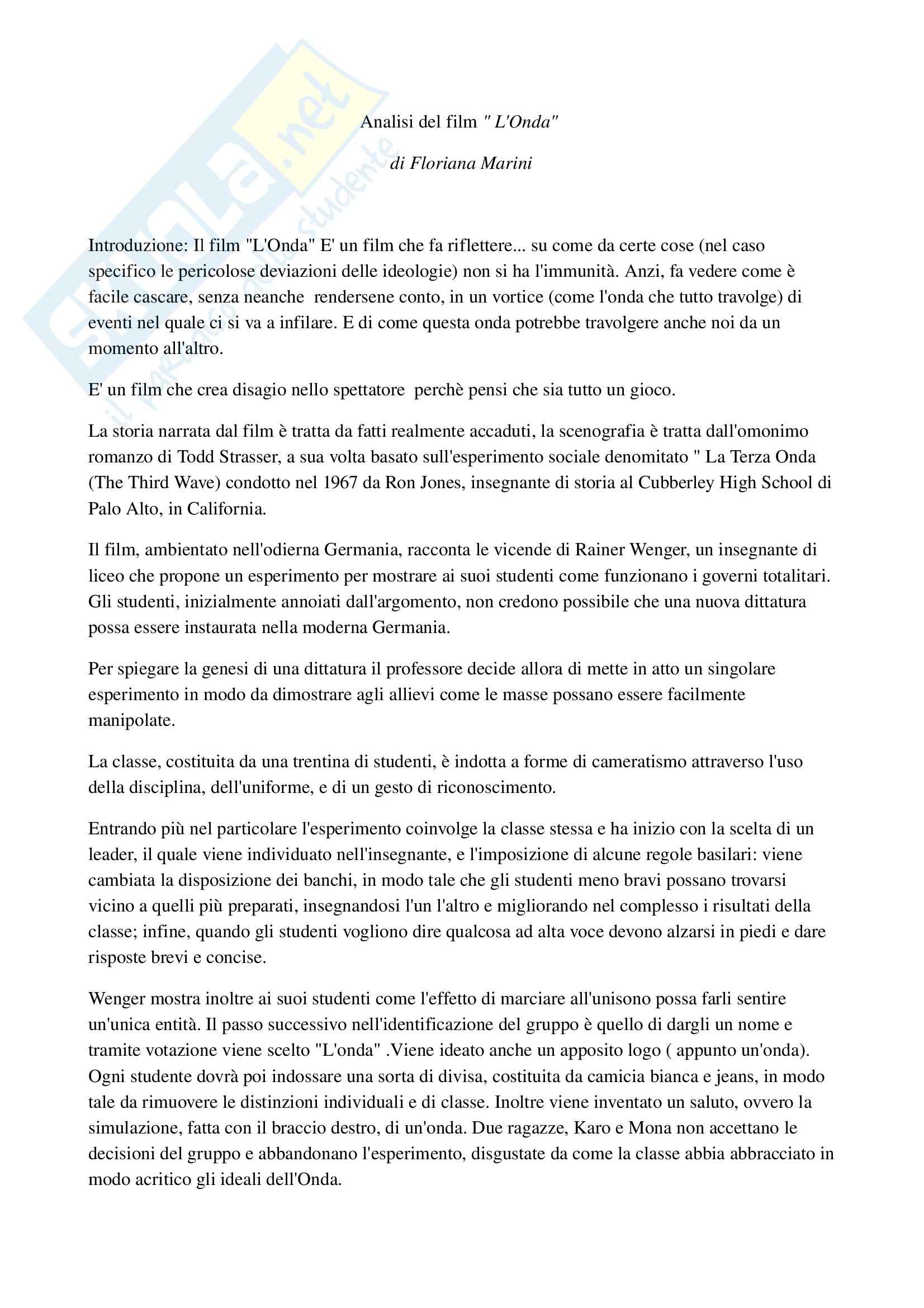 Analisi film L'onda, Psicologia Pag. 1