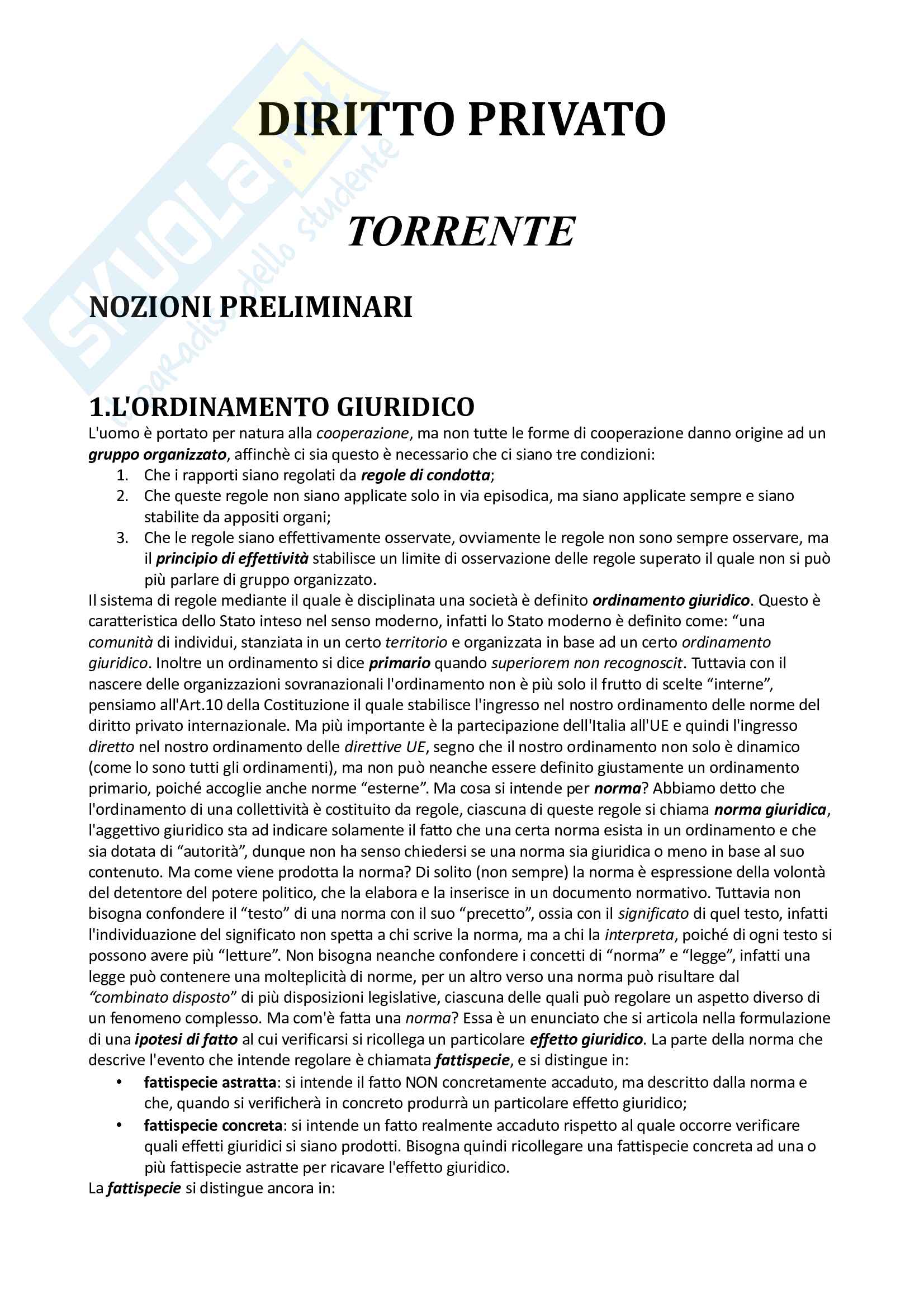 Riassunto esame Diritto Privato, prof. Lobuono, libro consigliato Diritto privato, Torrente, Schlesinger Pag. 1