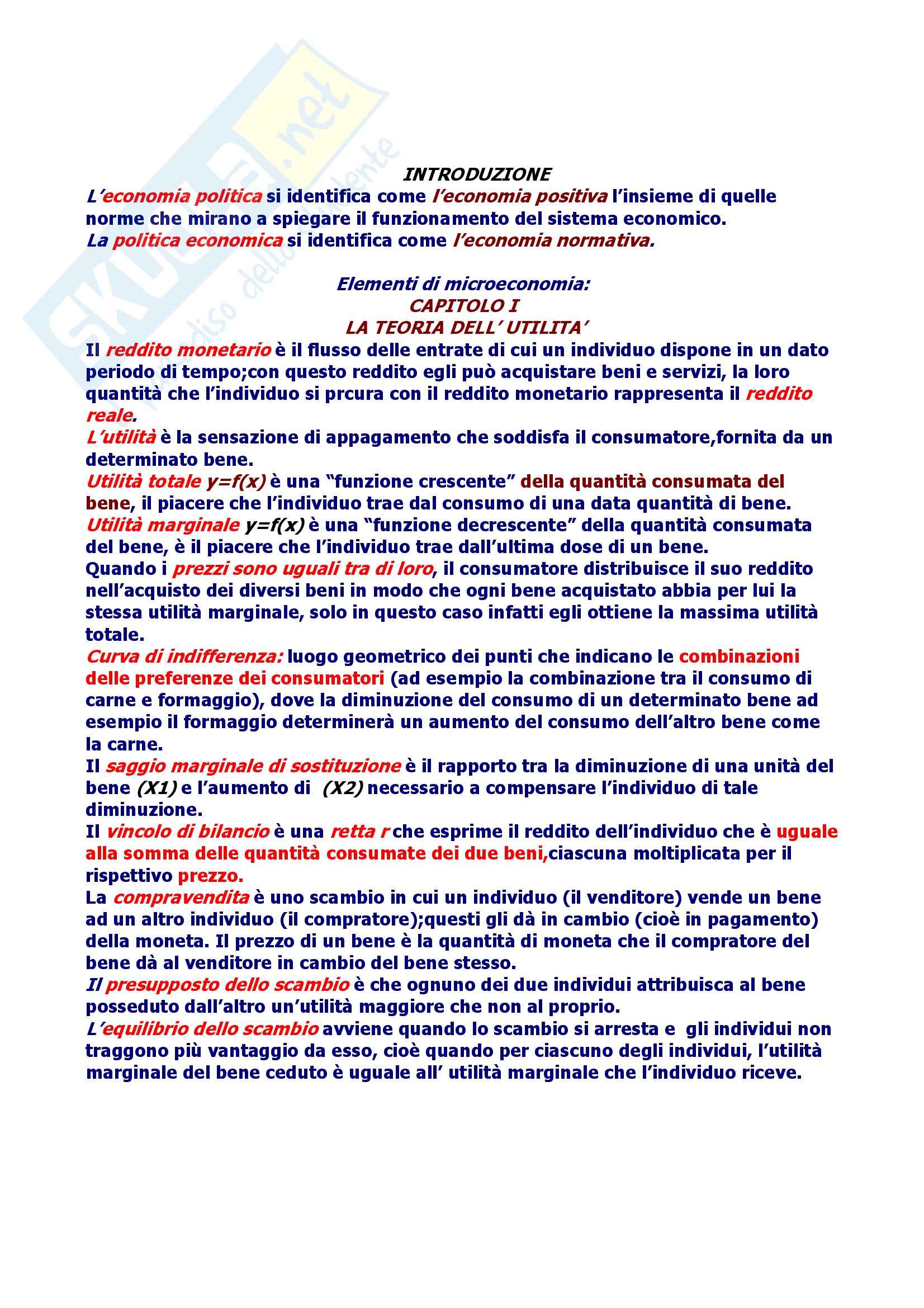Riassunto esame Economia Politica, prof. Martucci, libro consigliato Elementi di Economia Politica, Palmerio Pag. 1