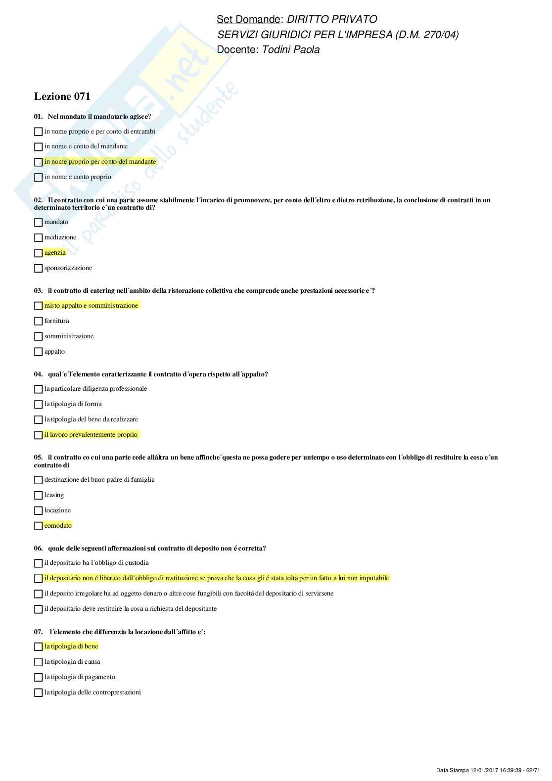 Paniere Diritto privato (Servizi giuridici per l'impresa) - risposte multiple Pag. 61