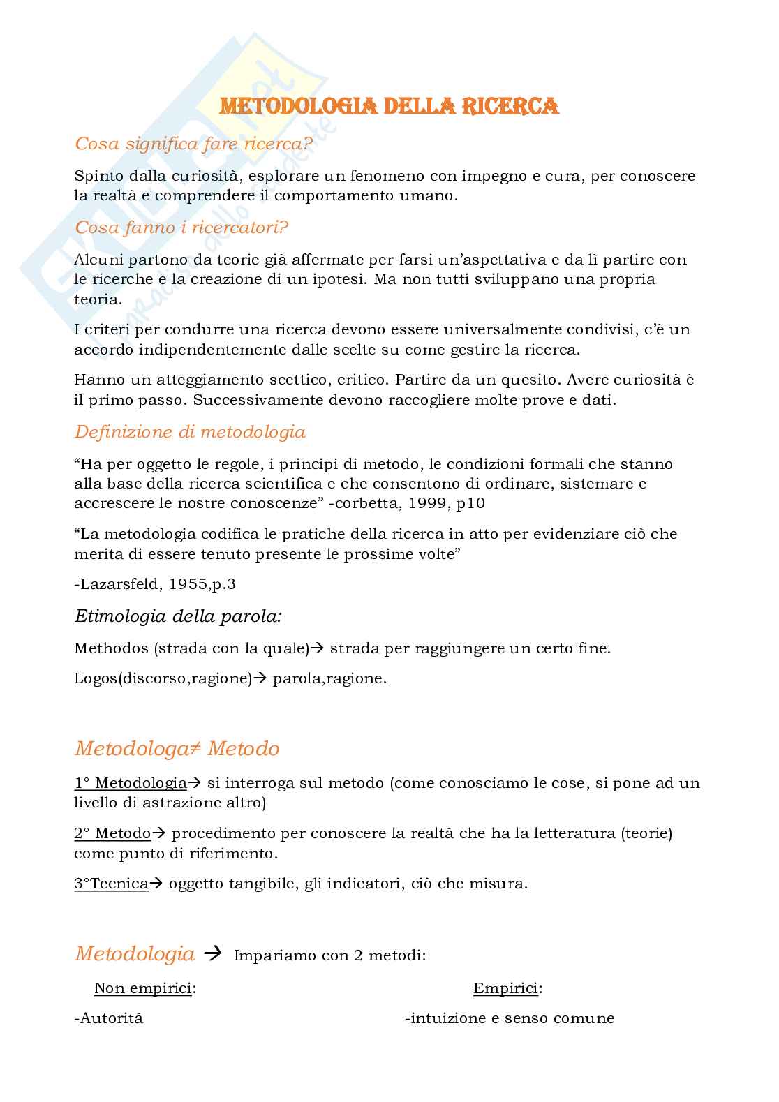 Appunti Metodologia della ricerca ed elementi di statistica  Pag. 1