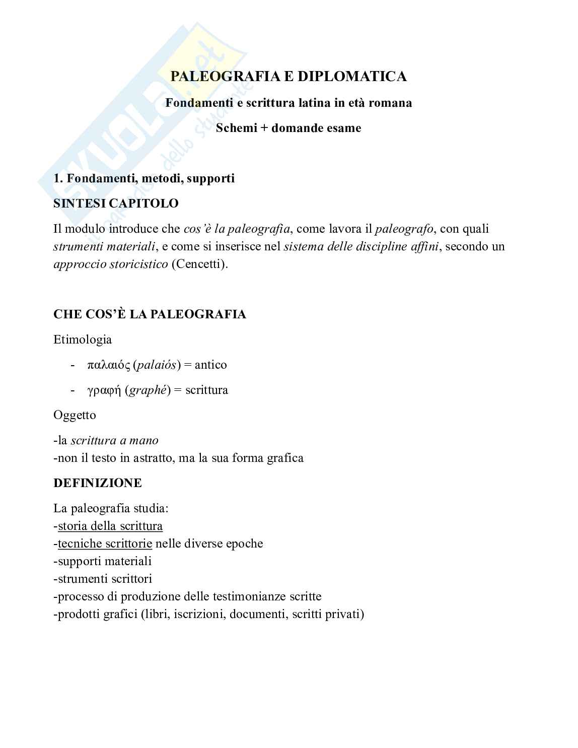 Paleografia - Fondamenti e scrittura latina in epoca romana (Schemi + Domande esame) Pag. 1