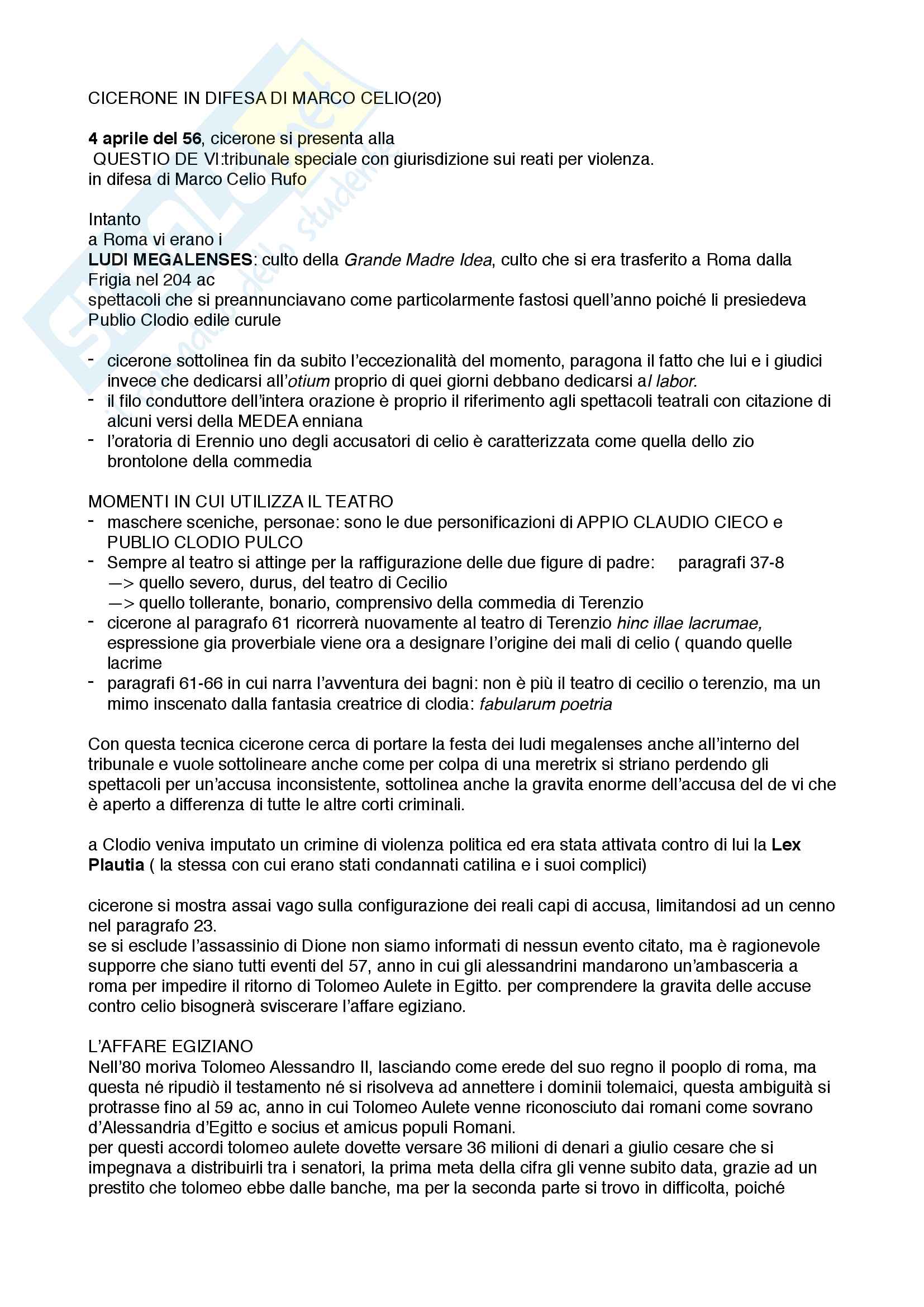 Riassunto Pro Caello di Cicerone Pag. 1