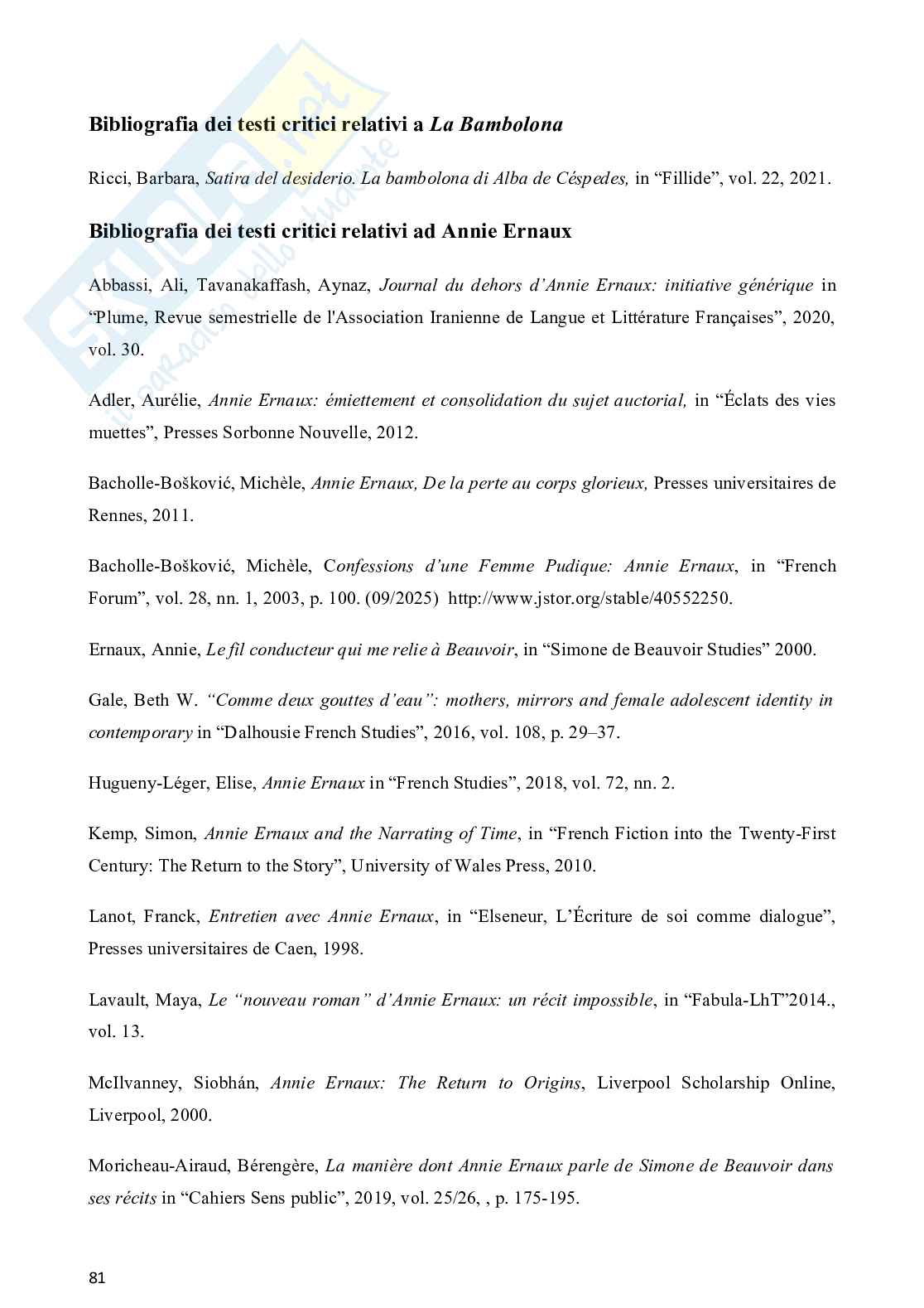Alba de Céspedes e Annie Ernaux: la costruzione dell’identità femminile in rapporto all’incontro con il maschile. Pag. 81